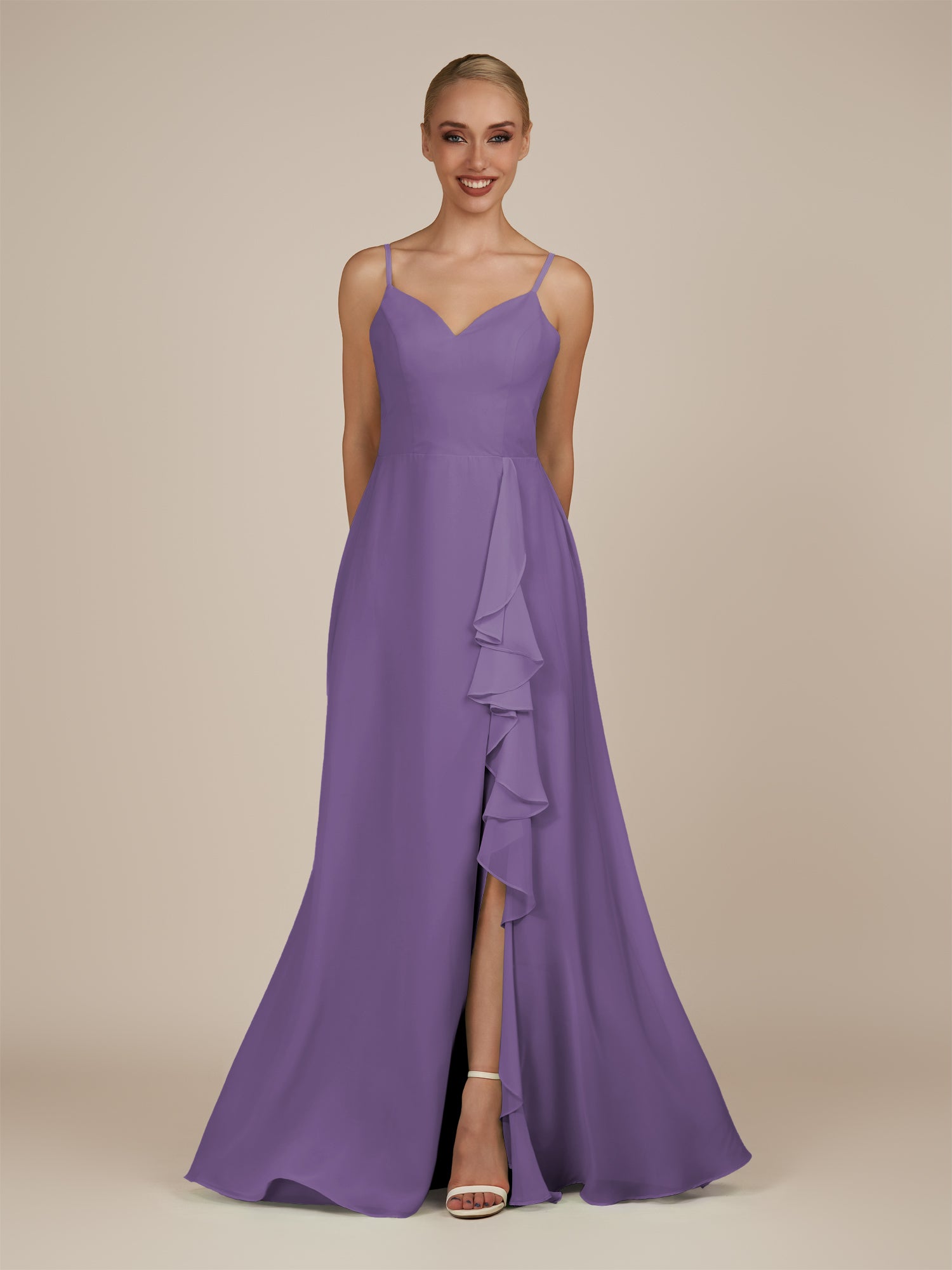 KissDress-Rhonda Tahiti Sheath Chiffon V Neck Ruffled Long Bridesmaid Dress with Slit