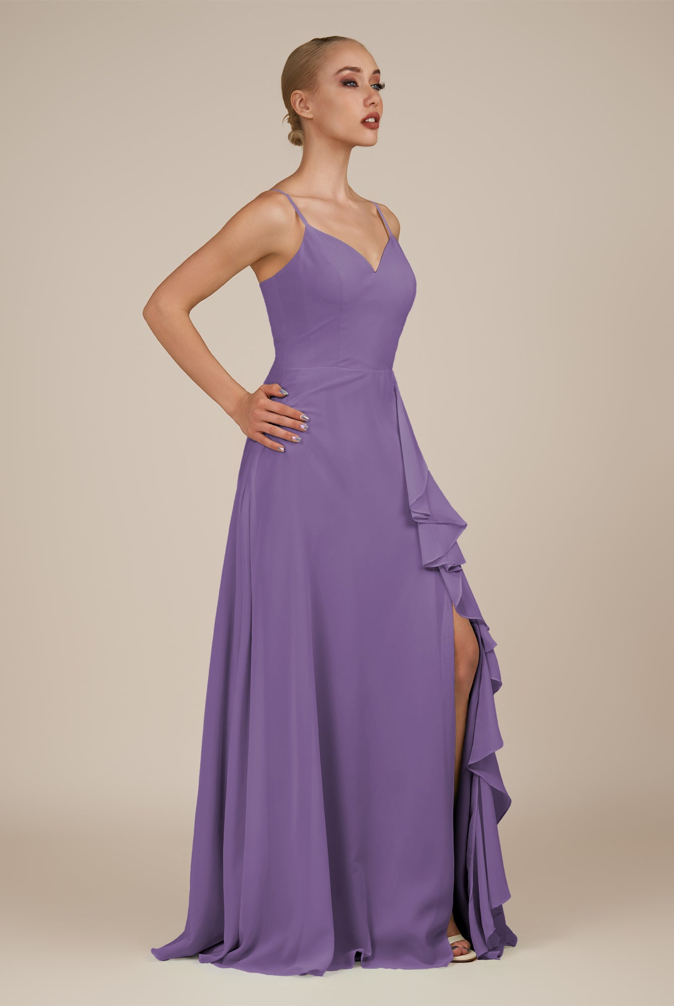 KissDress-Rhonda Tahiti Sheath Chiffon V Neck Ruffled Long Bridesmaid Dress with Slit