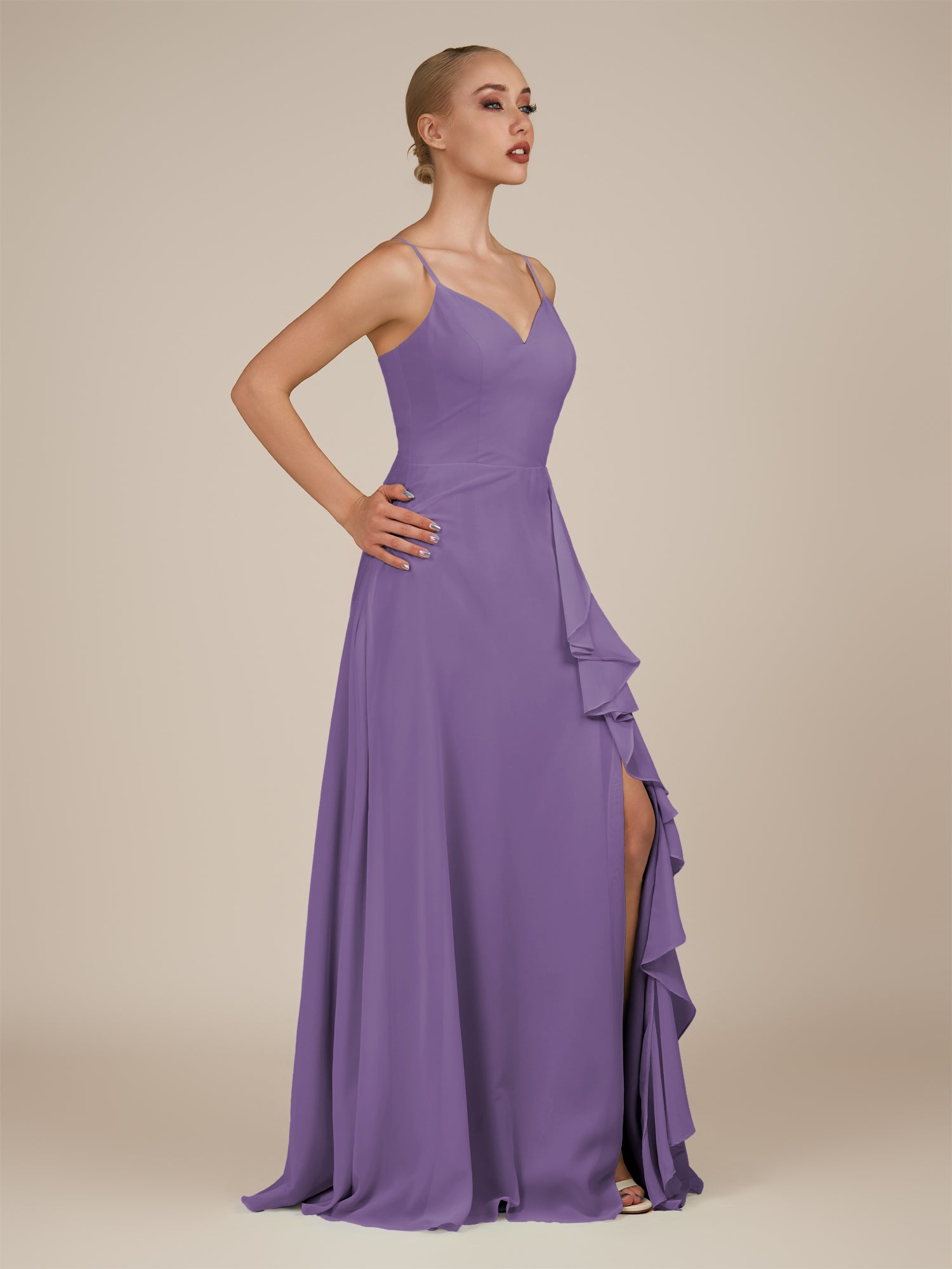 KissDress-Rhonda Tahiti Sheath Chiffon V Neck Ruffled Long Bridesmaid Dress with Slit