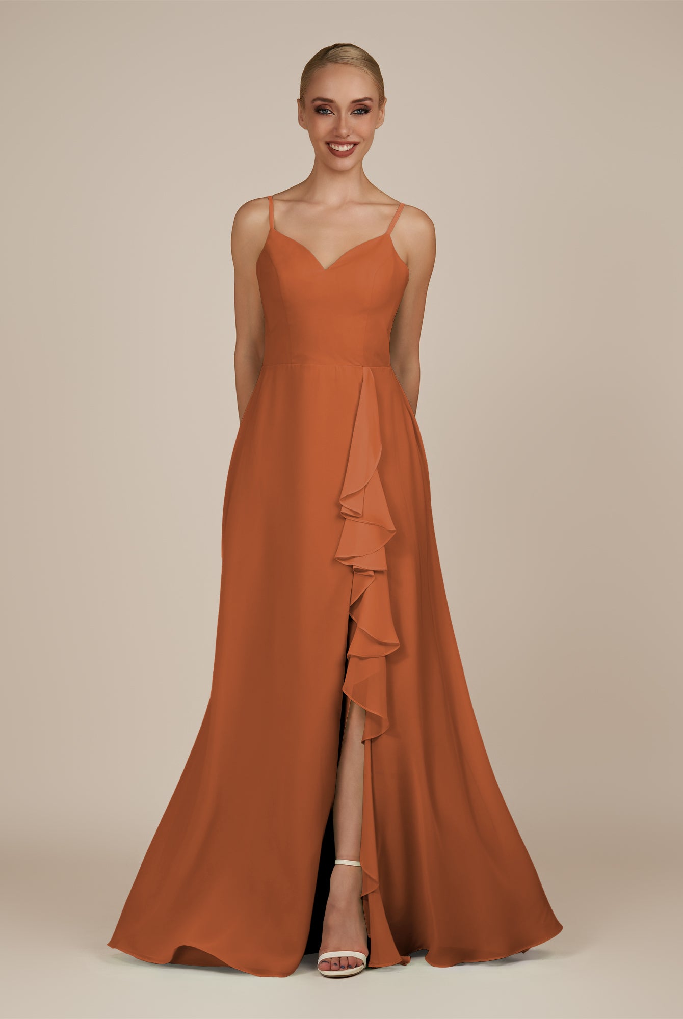 KissDress-Rhonda Terracotta Sheath Chiffon V Neck Ruffled Long Bridesmaid Dress with Slit