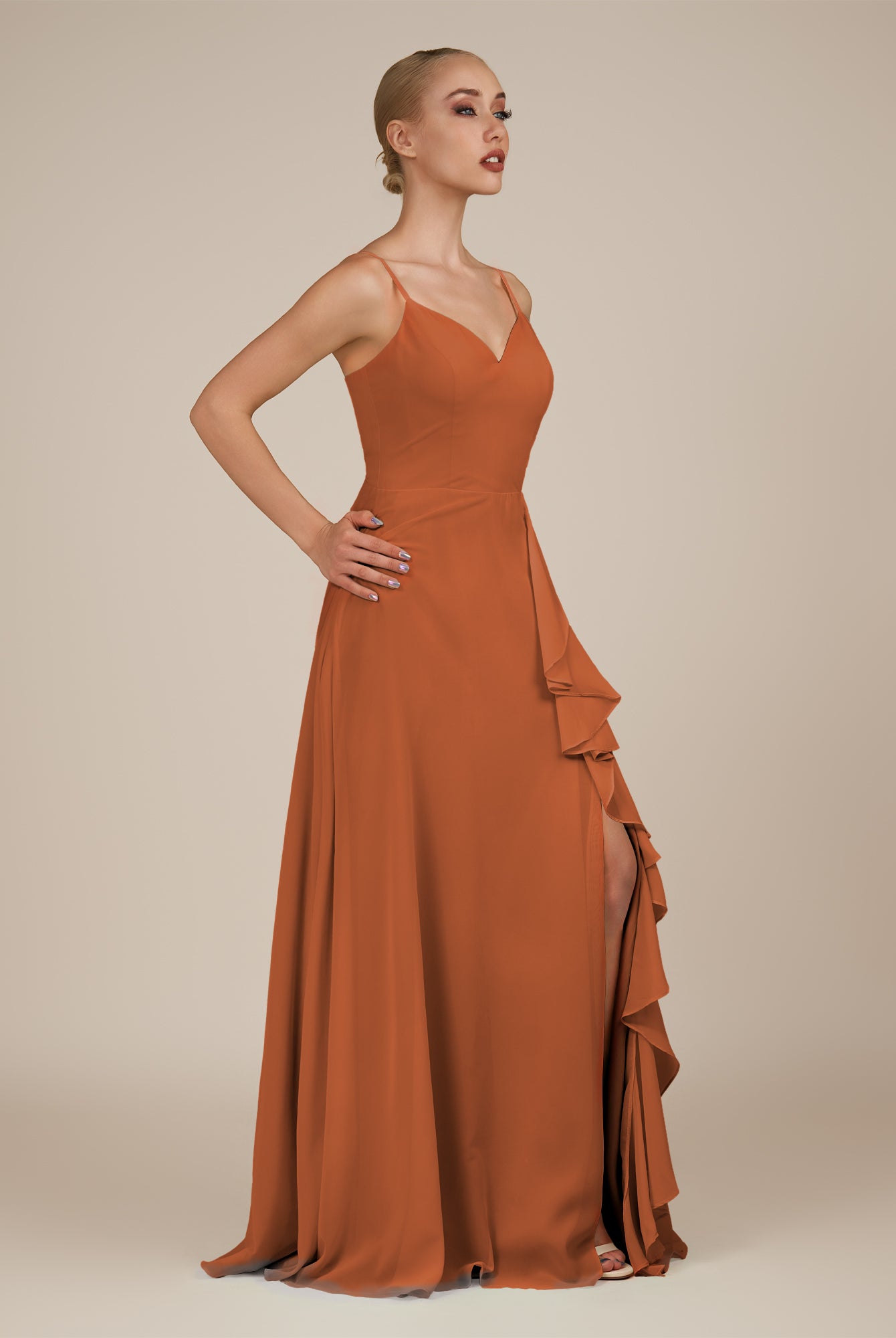KissDress-Rhonda Terracotta Sheath Chiffon V Neck Ruffled Long Bridesmaid Dress with Slit