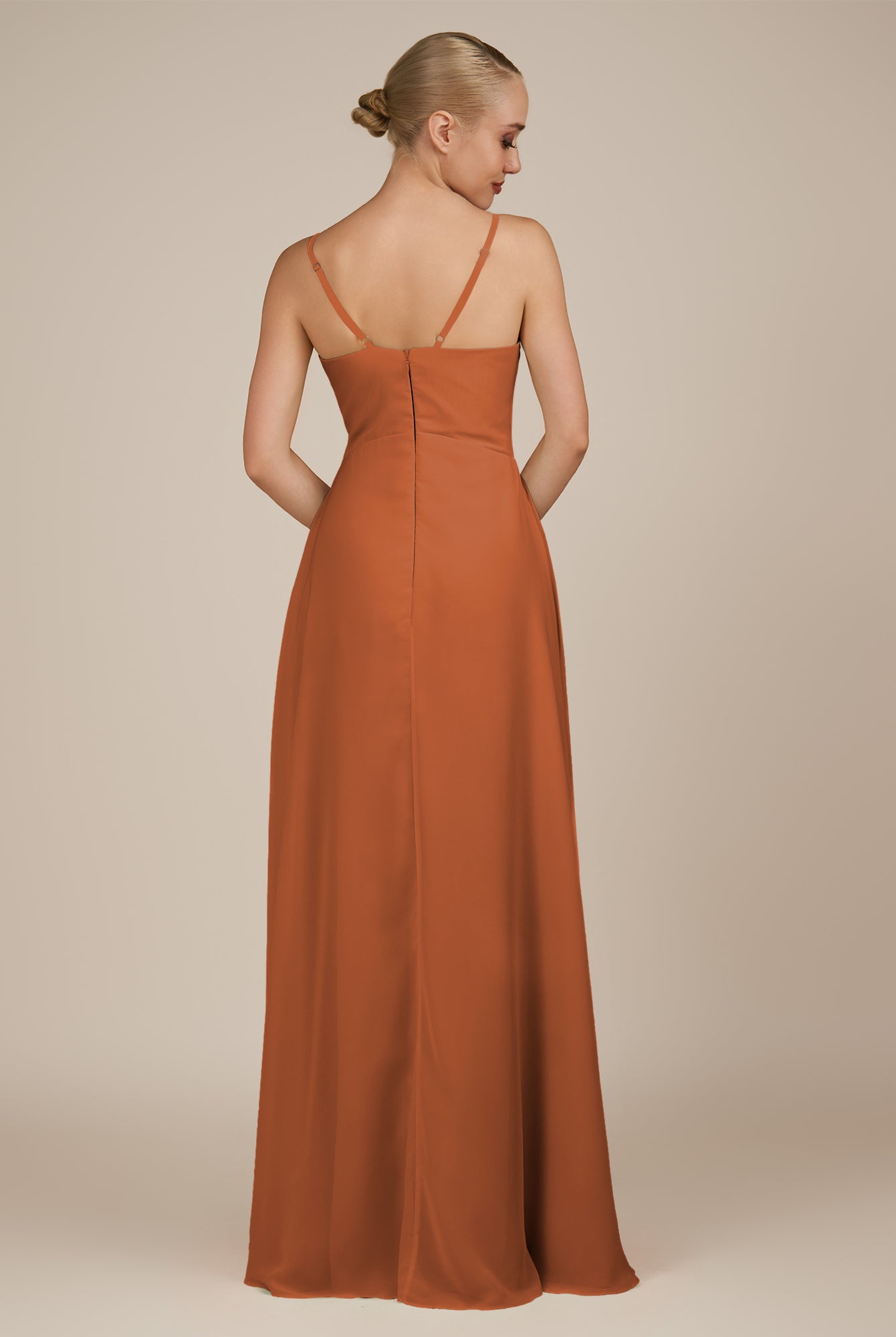 KissDress-Rhonda Terracotta Sheath Chiffon V Neck Ruffled Long Bridesmaid Dress with Slit