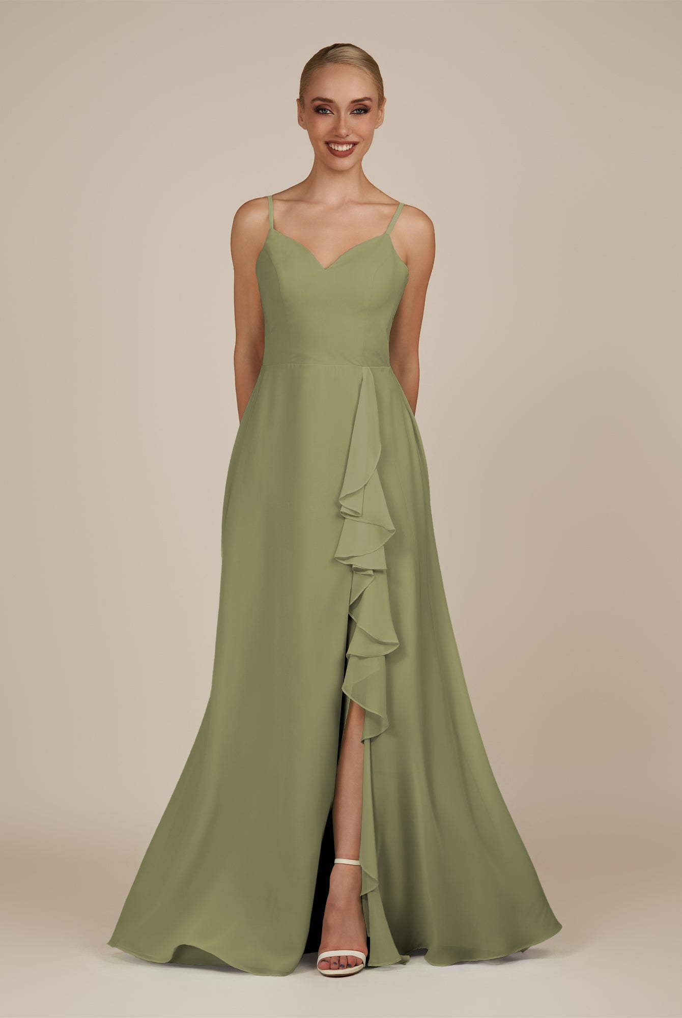 KissDress-Rhonda Thyme Sheath Chiffon V Neck Ruffled Long Bridesmaid Dress with Slit