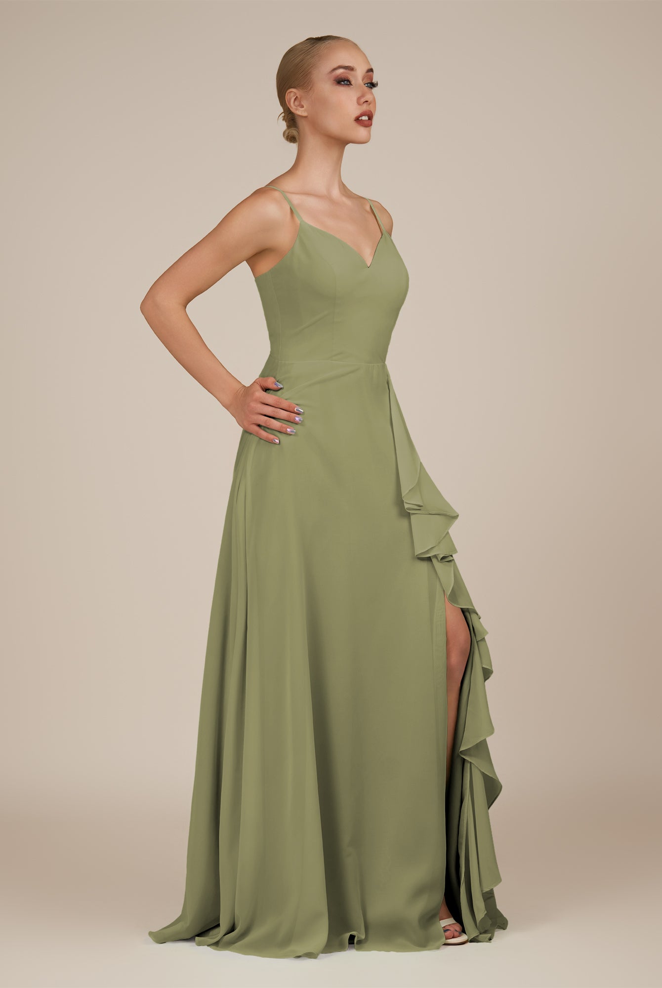 KissDress-Rhonda Thyme Sheath Chiffon V Neck Ruffled Long Bridesmaid Dress with Slit