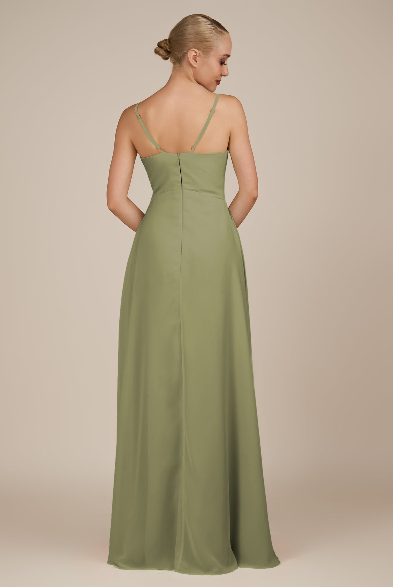 KissDress-Rhonda Thyme Sheath Chiffon V Neck Ruffled Long Bridesmaid Dress with Slit