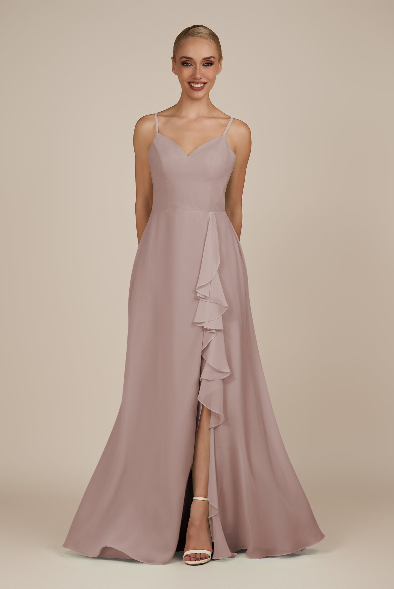 KissDress-Rhonda Toffee Sheath Chiffon V Neck Ruffled Long Bridesmaid Dress with Slit
