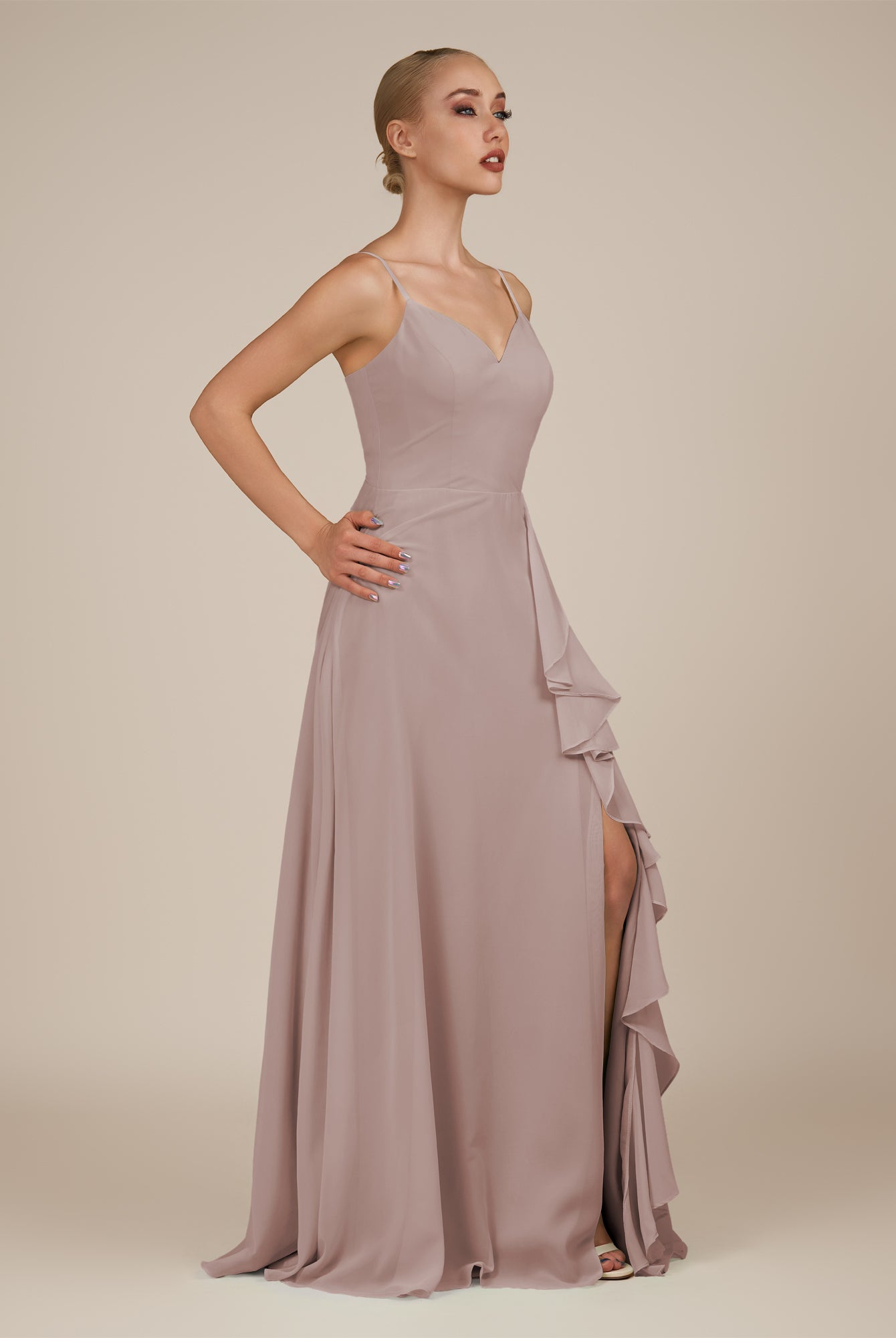 KissDress-Rhonda Toffee Sheath Chiffon V Neck Ruffled Long Bridesmaid Dress with Slit