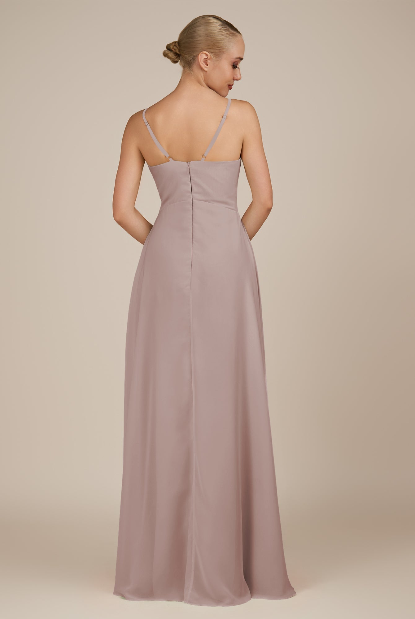 KissDress-Rhonda Toffee Sheath Chiffon V Neck Ruffled Long Bridesmaid Dress with Slit