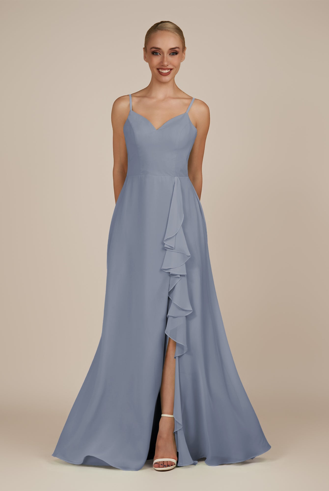 KissDress-Rhonda Twilight Sheath Chiffon V Neck Ruffled Long Bridesmaid Dress with Slit