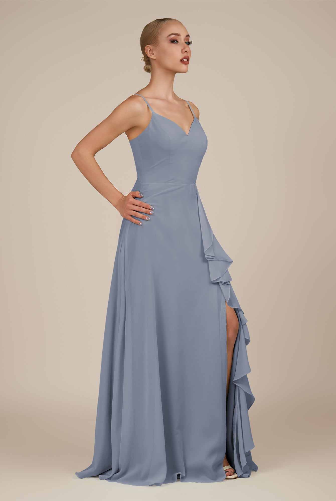KissDress-Rhonda Twilight Sheath Chiffon V Neck Ruffled Long Bridesmaid Dress with Slit