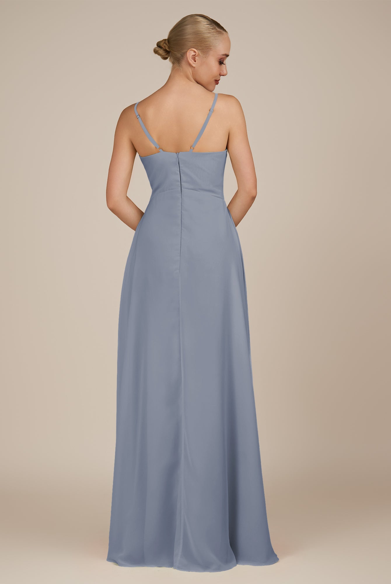 KissDress-Rhonda Twilight Sheath Chiffon V Neck Ruffled Long Bridesmaid Dress with Slit