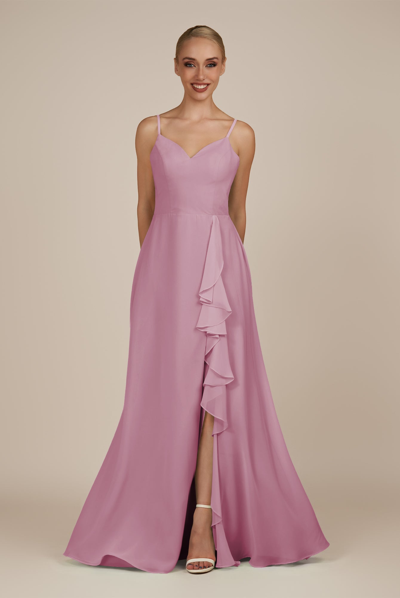 KissDress-Rhonda Vintage Mauve Sheath Chiffon V Neck Ruffled Long Bridesmaid Dress with Slit
