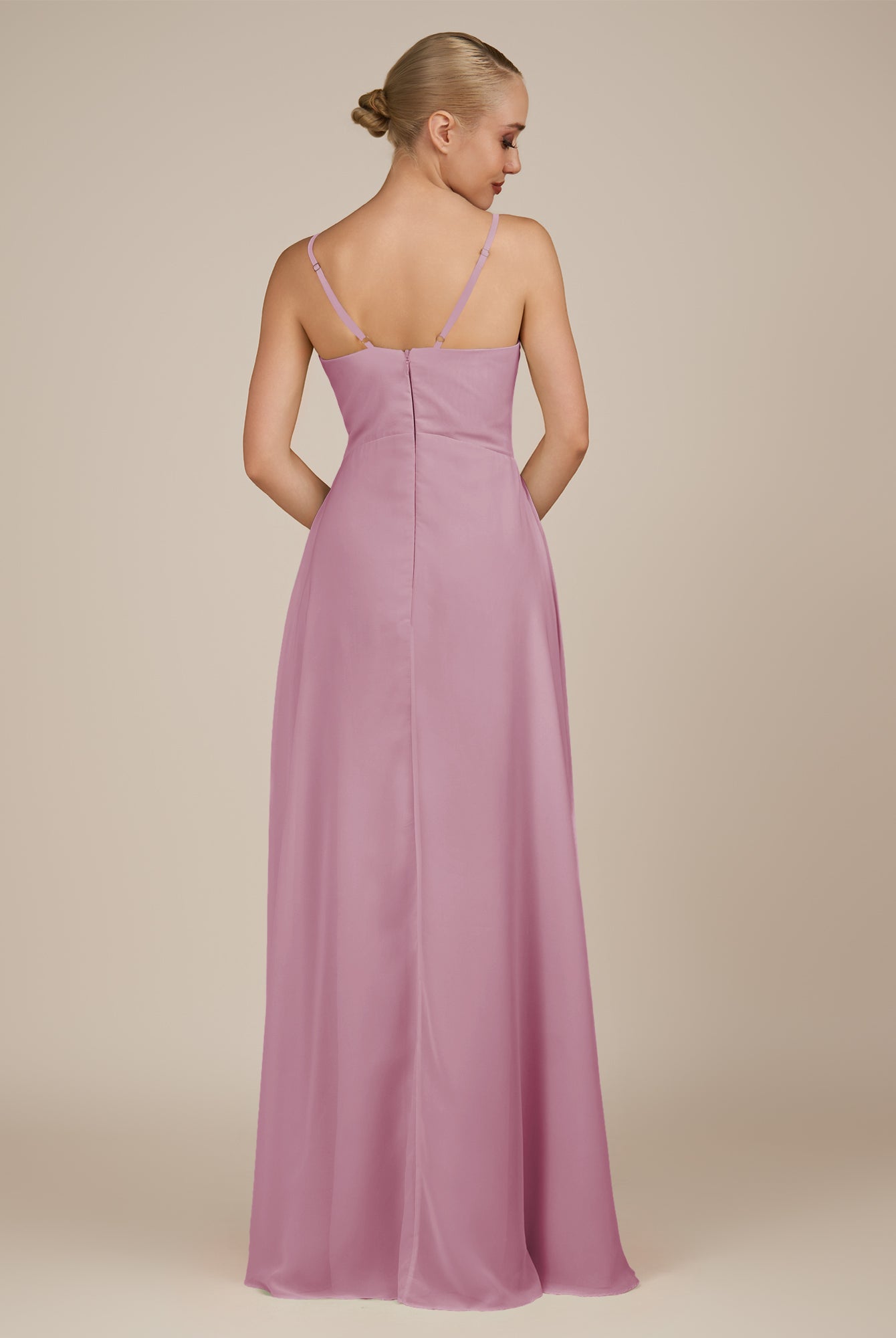KissDress-Rhonda Vintage Mauve Sheath Chiffon V Neck Ruffled Long Bridesmaid Dress with Slit