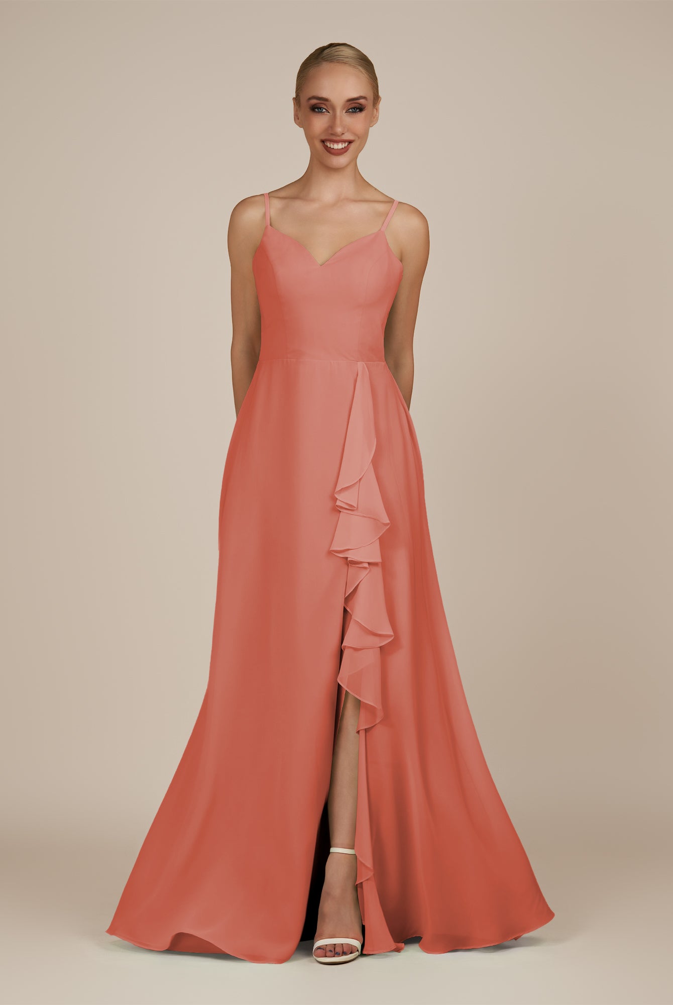 KissDress-Rhonda Wild Rose Sheath Chiffon V Neck Ruffled Long Bridesmaid Dress with Slit