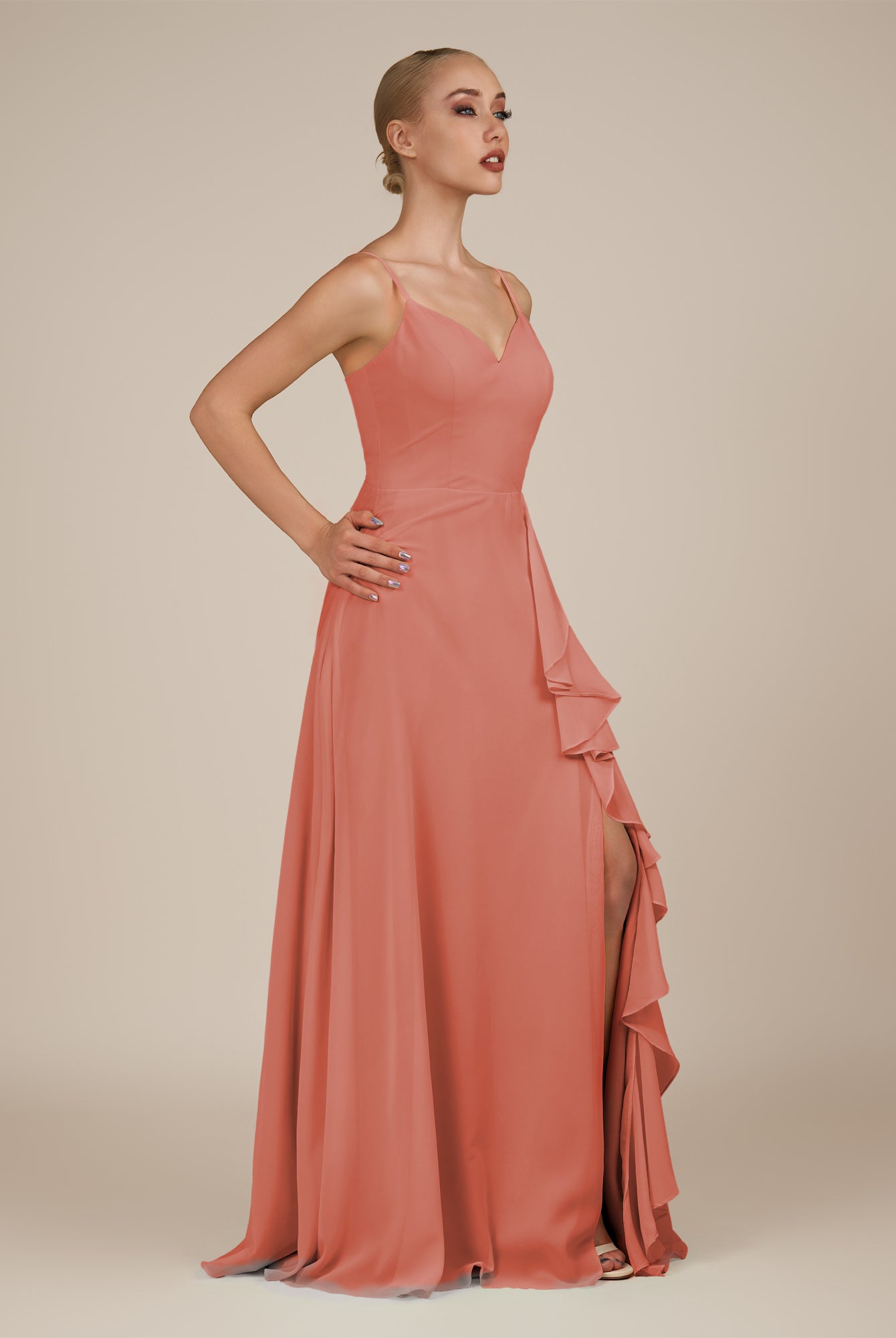 KissDress-Rhonda Wild Rose Sheath Chiffon V Neck Ruffled Long Bridesmaid Dress with Slit
