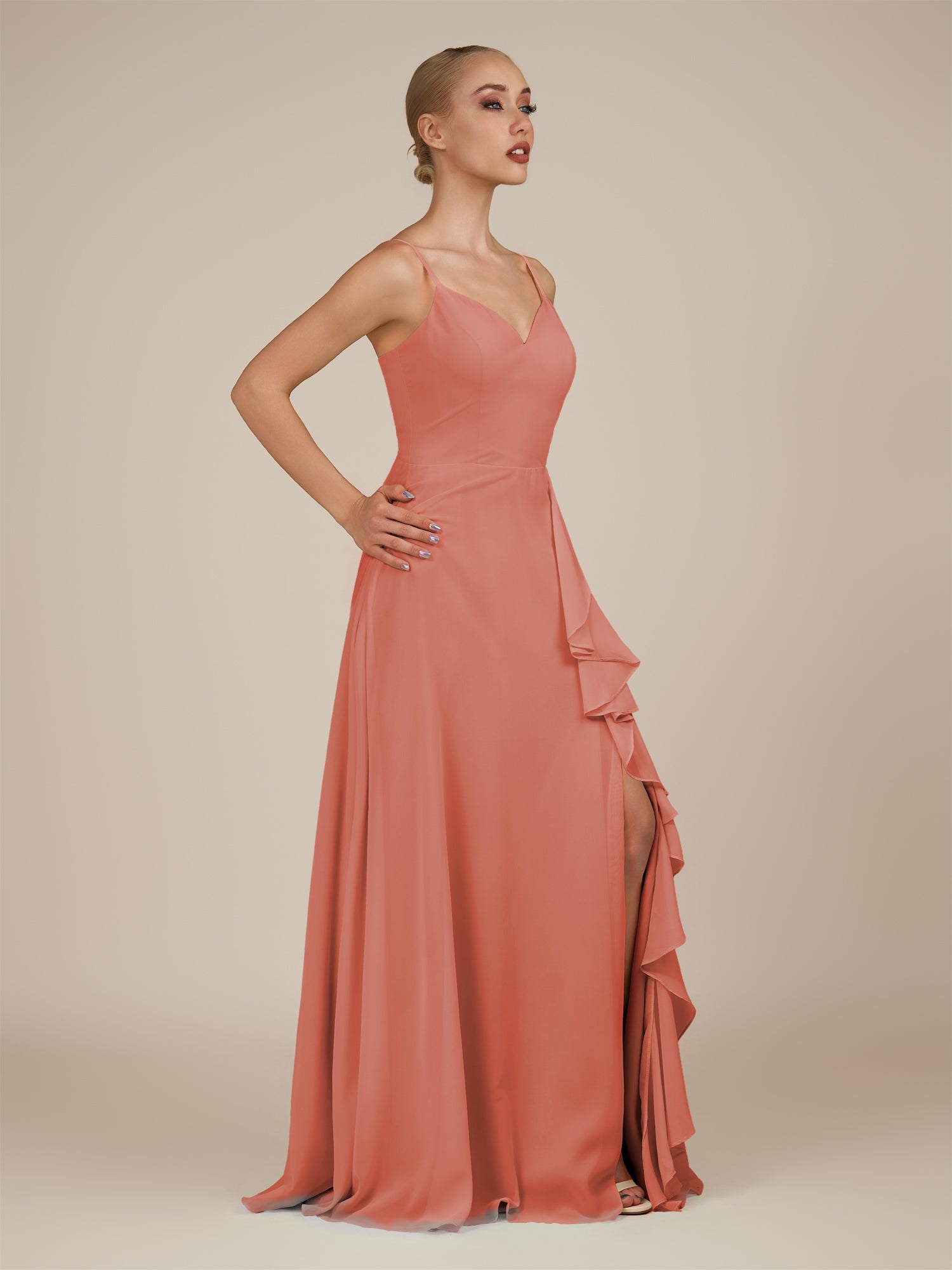 KissDress-Rhonda Wild Rose Sheath Chiffon V Neck Ruffled Long Bridesmaid Dress with Slit
