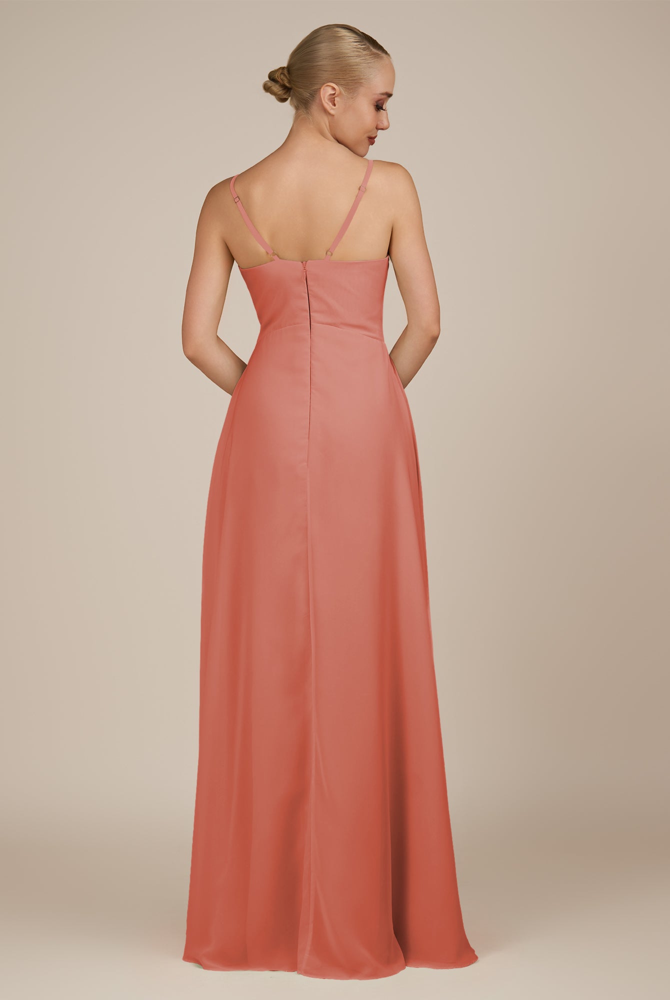 KissDress-Rhonda Wild Rose Sheath Chiffon V Neck Ruffled Long Bridesmaid Dress with Slit