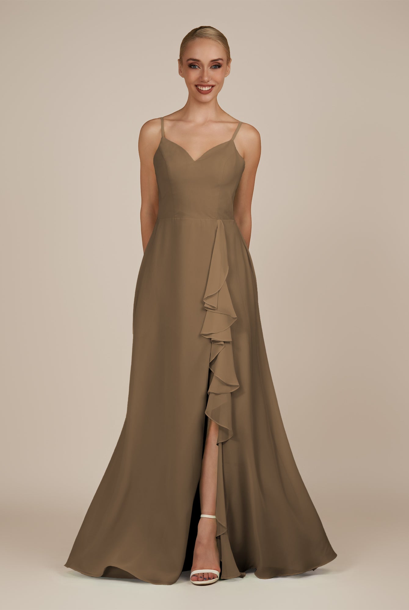 KissDress-Rhonda Willow Green Sheath Chiffon V Neck Ruffled Long Bridesmaid Dress with Slit