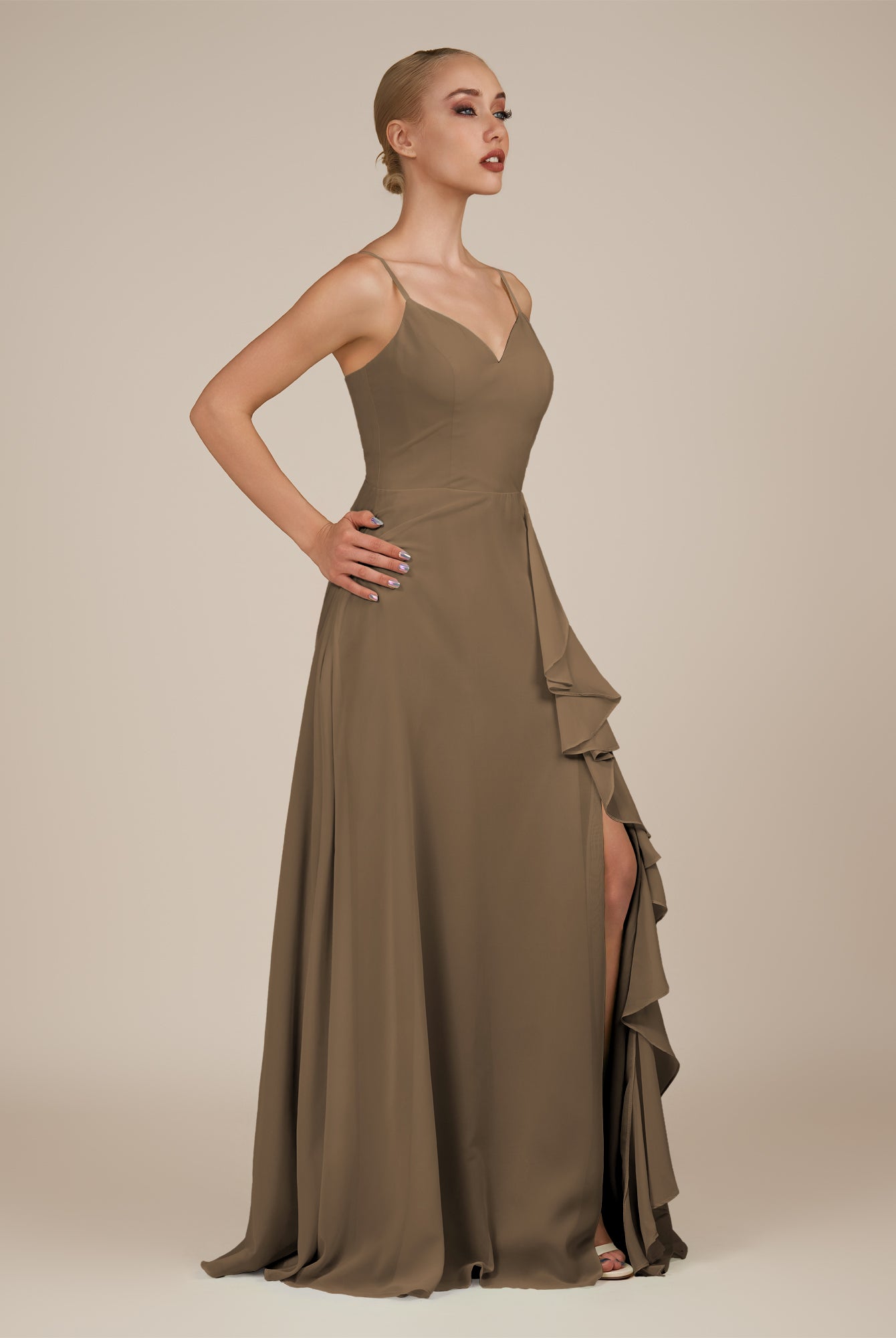 KissDress-Rhonda Willow Green Sheath Chiffon V Neck Ruffled Long Bridesmaid Dress with Slit