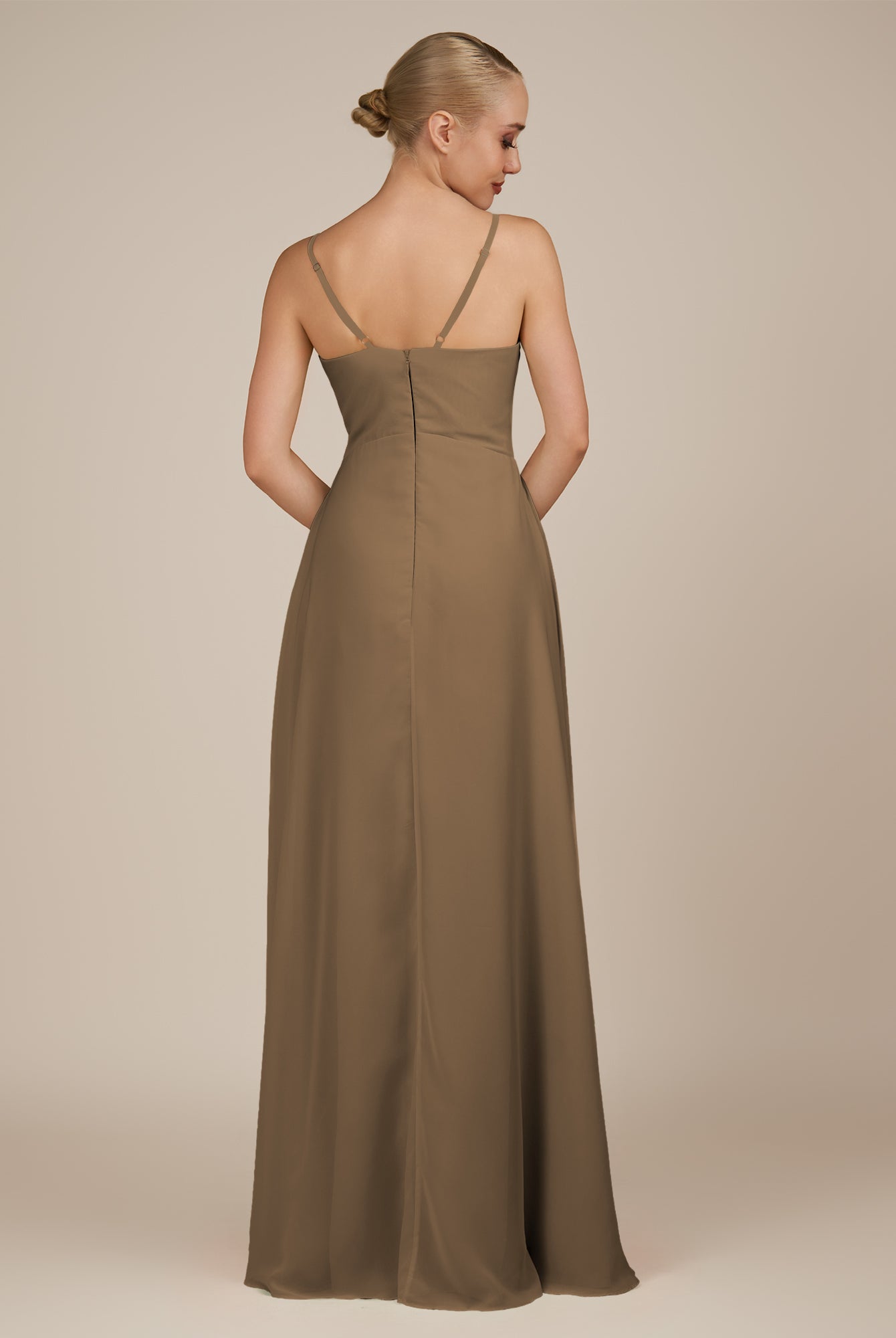 KissDress-Rhonda Willow Green Sheath Chiffon V Neck Ruffled Long Bridesmaid Dress with Slit