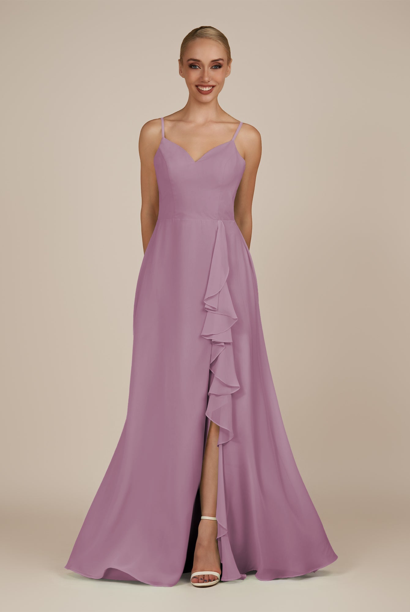KissDress-Rhonda Wisteria Sheath Chiffon V Neck Ruffled Long Bridesmaid Dress with Slit