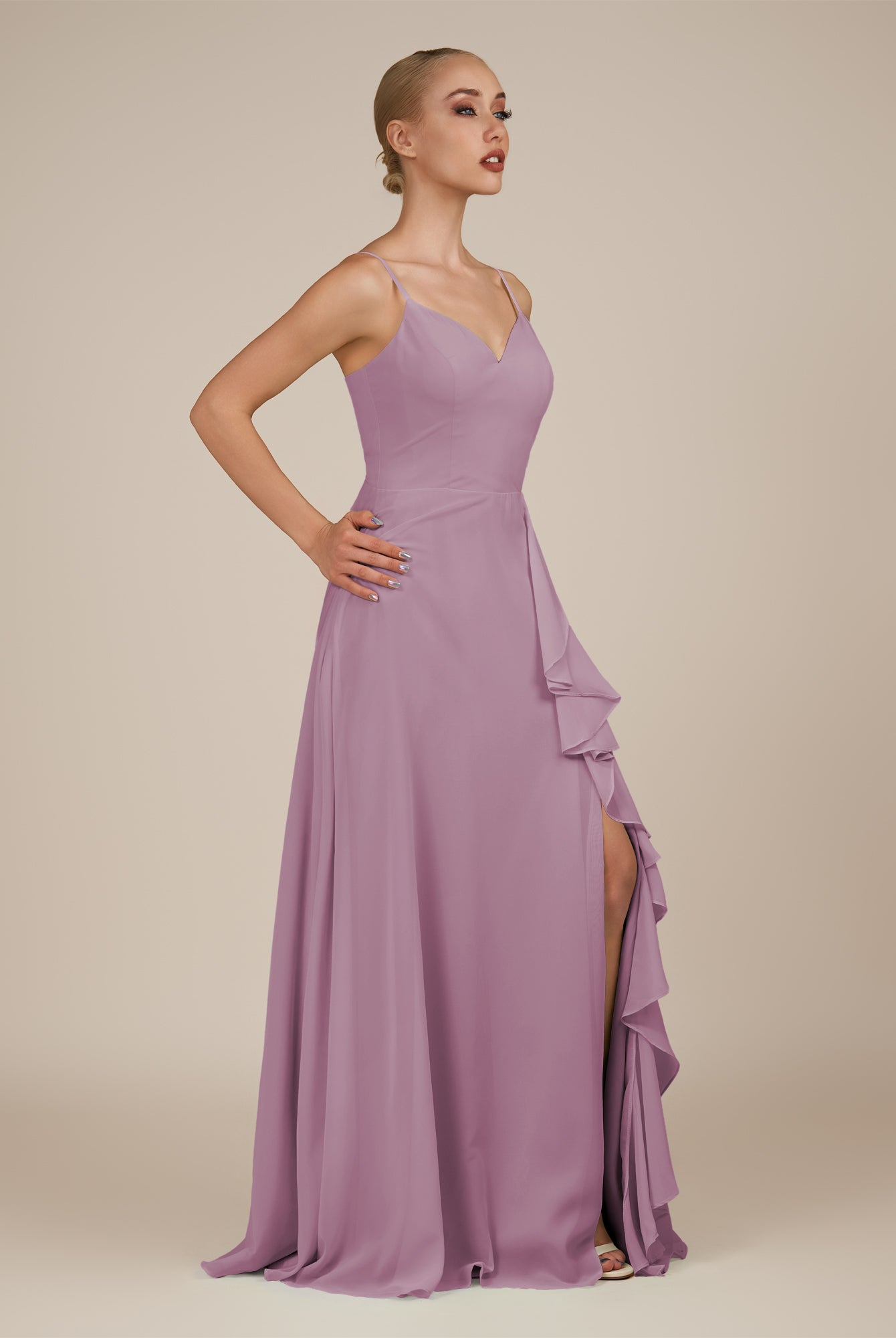 KissDress-Rhonda Wisteria Sheath Chiffon V Neck Ruffled Long Bridesmaid Dress with Slit
