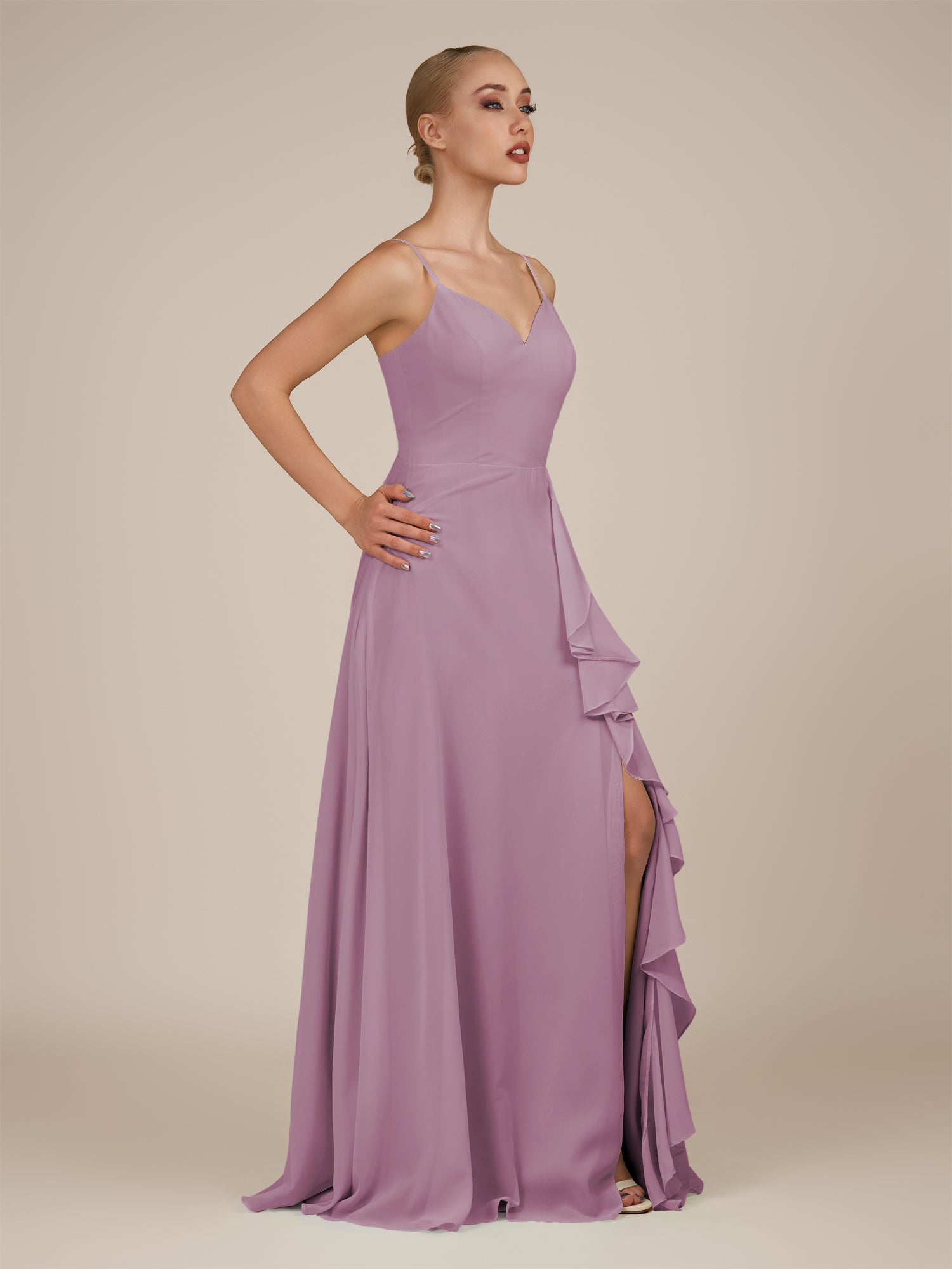 KissDress-Rhonda Wisteria Sheath Chiffon V Neck Ruffled Long Bridesmaid Dress with Slit
