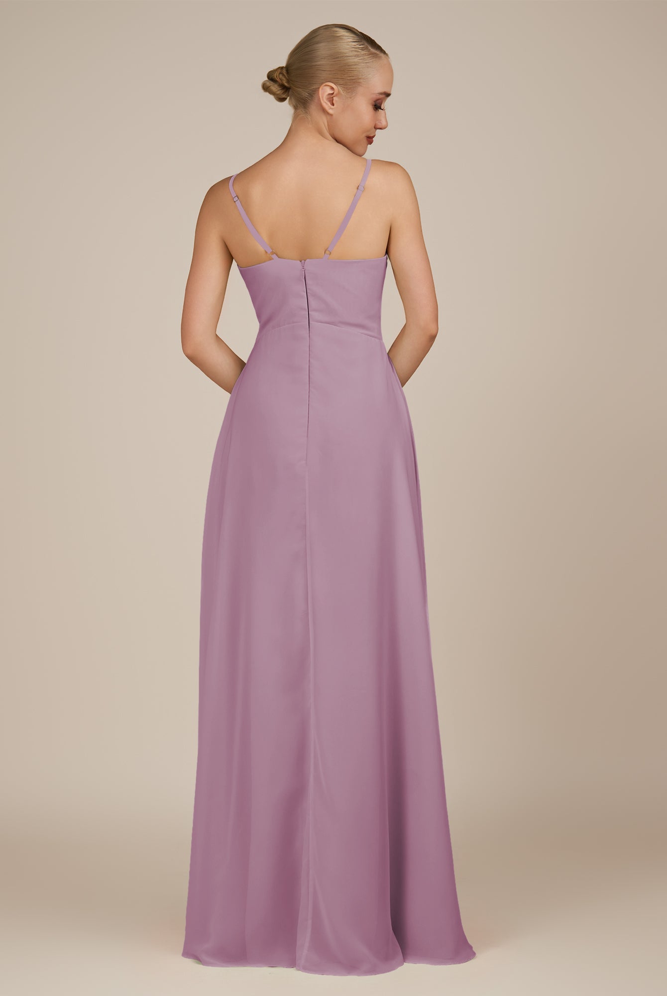 KissDress-Rhonda Wisteria Sheath Chiffon V Neck Ruffled Long Bridesmaid Dress with Slit