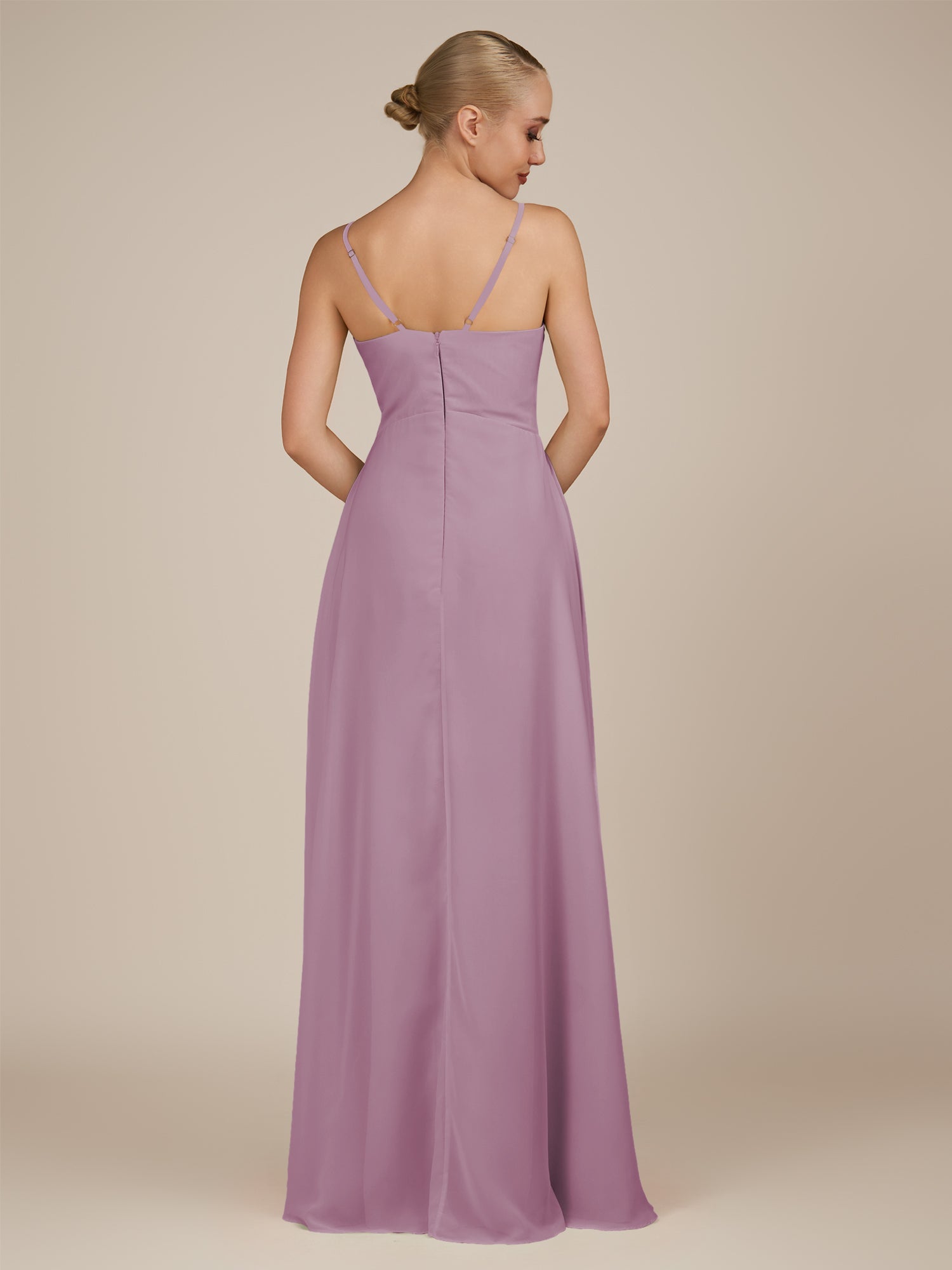 KissDress-Rhonda Wisteria Sheath Chiffon V Neck Ruffled Long Bridesmaid Dress with Slit