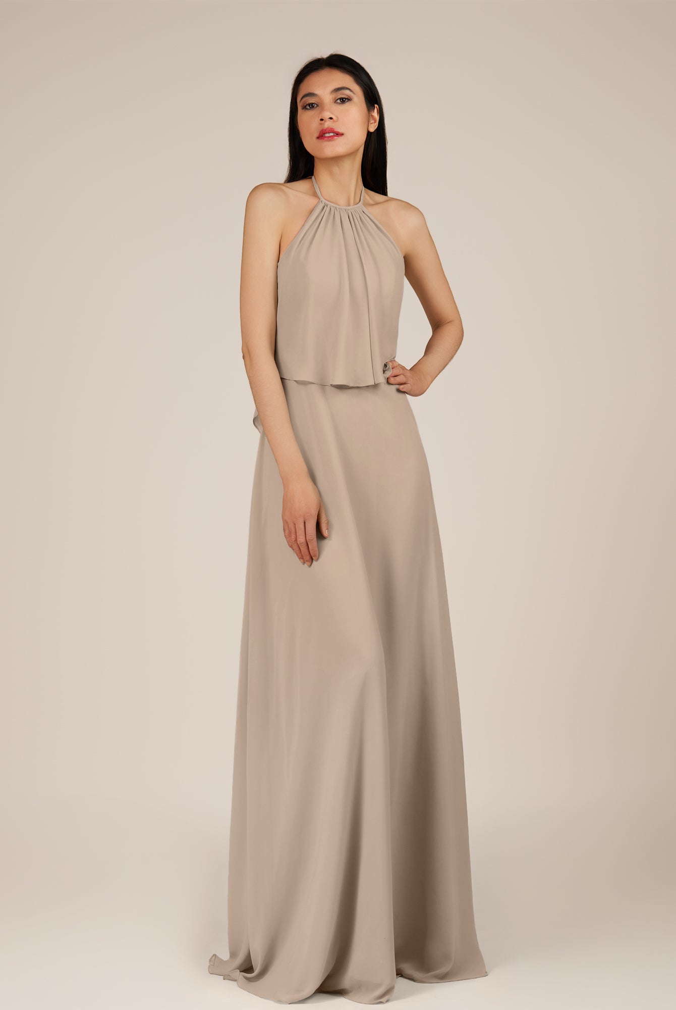 KissDress-Rhoswen Almond Sheath Chiffon Halter Neck Long Bridesmaid Dress