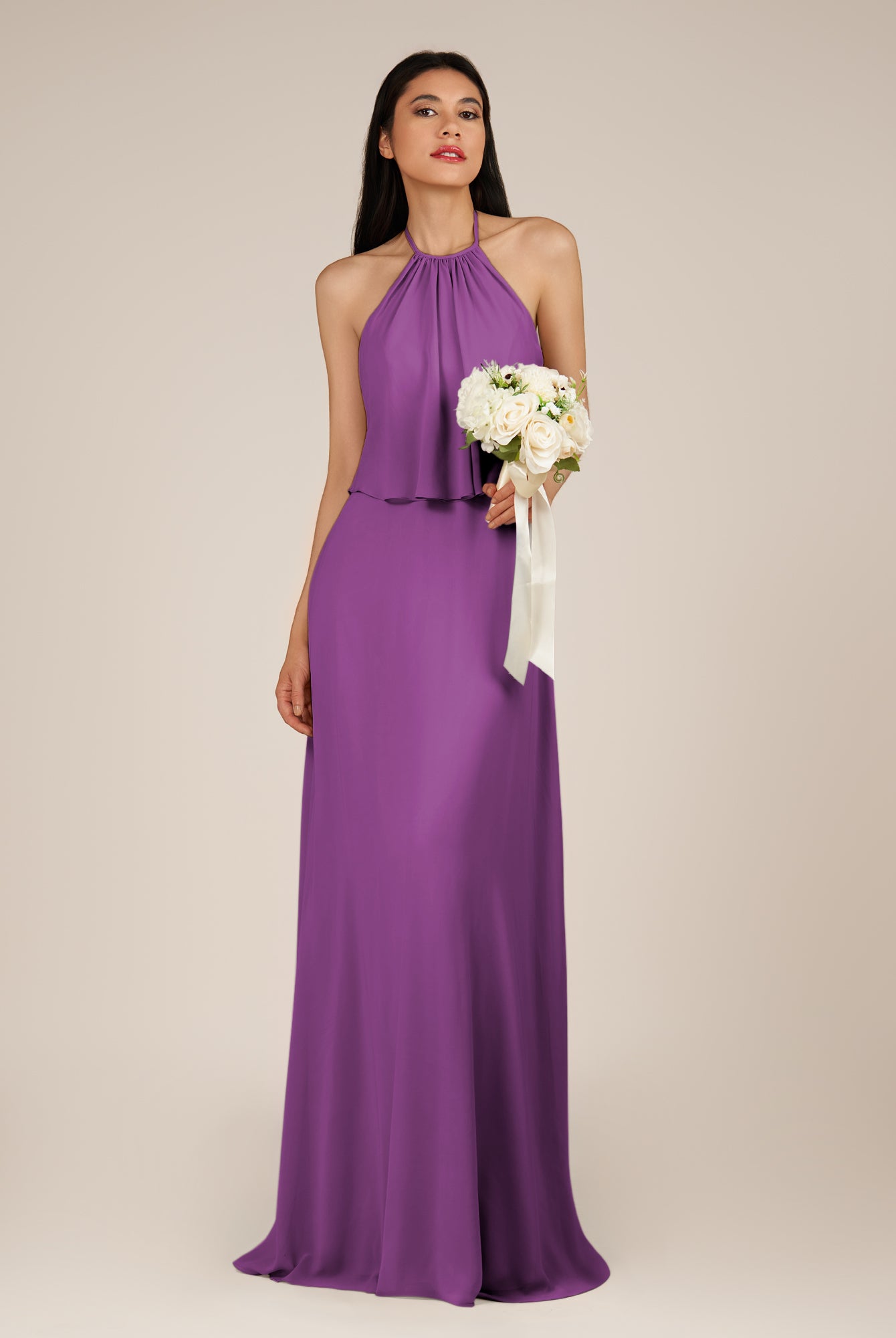 KissDress-Rhoswen Amethyst Sheath Chiffon Halter Neck Long Bridesmaid Dress