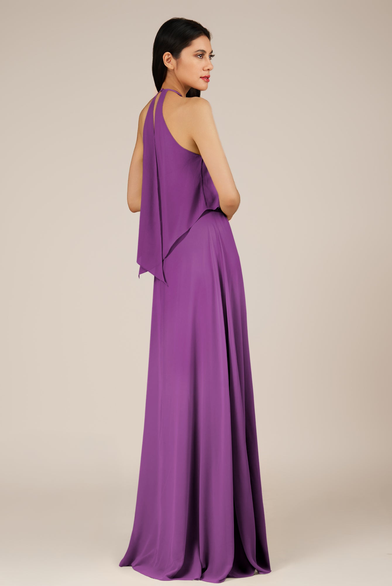 KissDress-Rhoswen Amethyst Sheath Chiffon Halter Neck Long Bridesmaid Dress