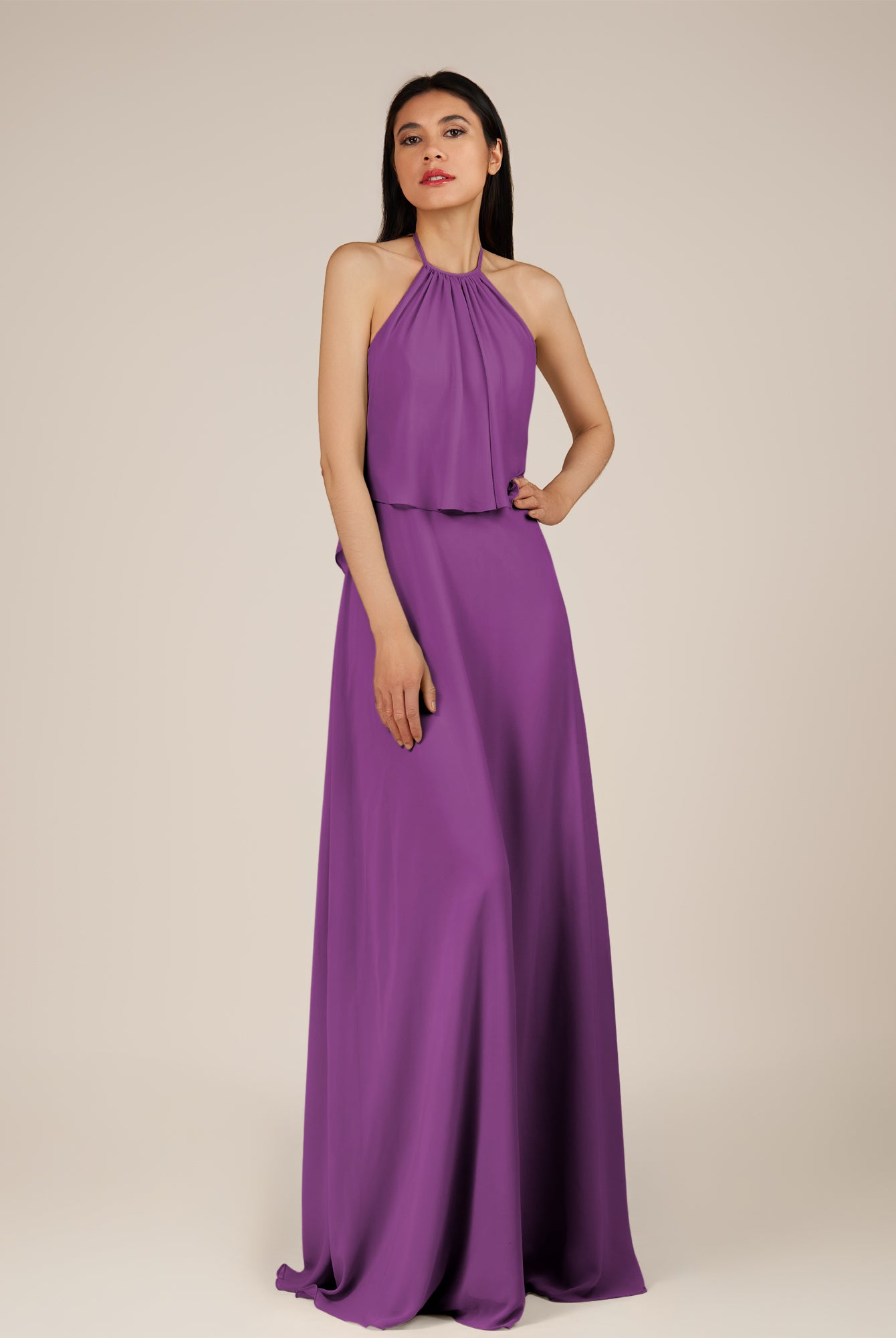 KissDress-Rhoswen Amethyst Sheath Chiffon Halter Neck Long Bridesmaid Dress