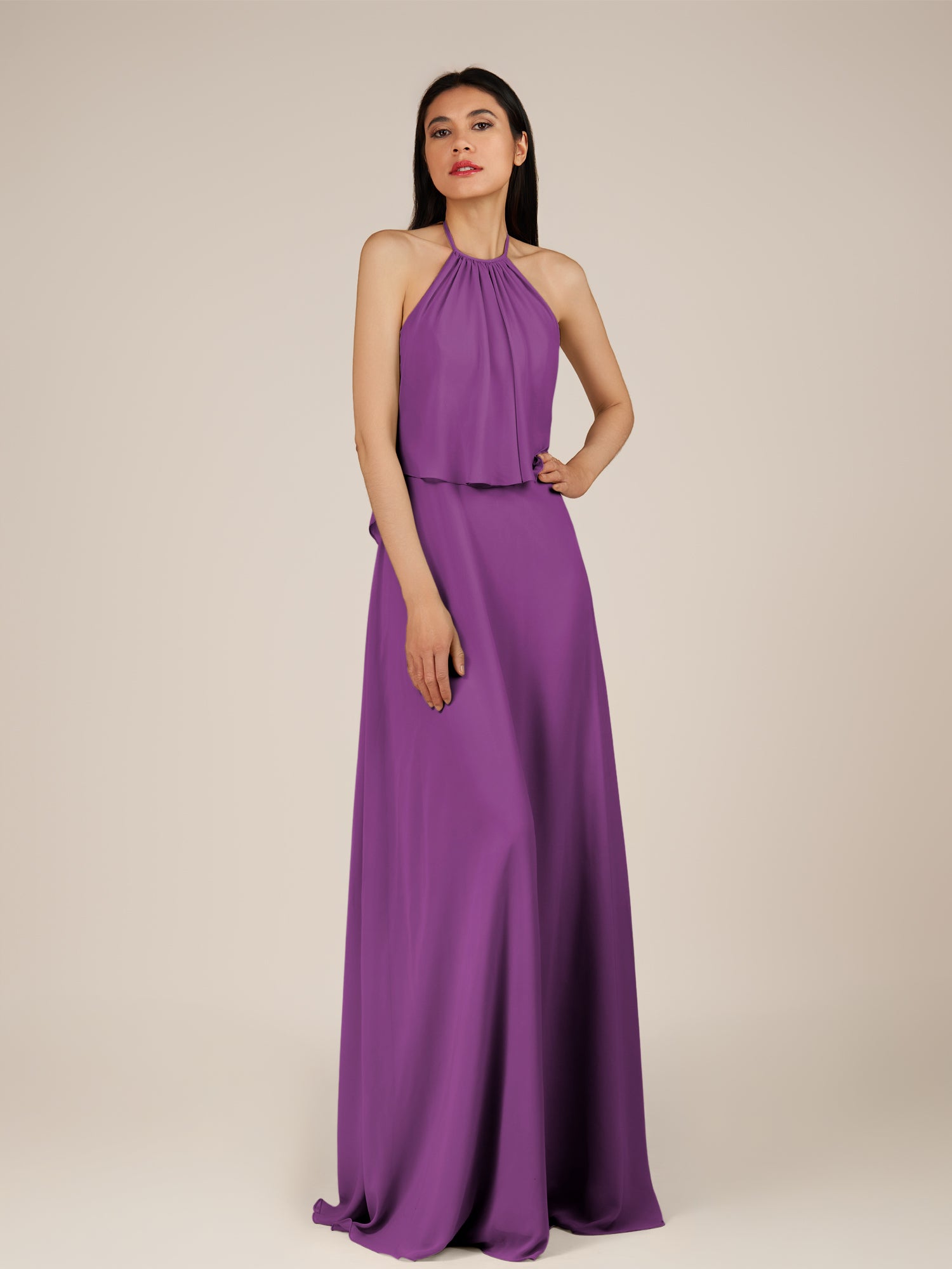 KissDress-Rhoswen Amethyst Sheath Chiffon Halter Neck Long Bridesmaid Dress