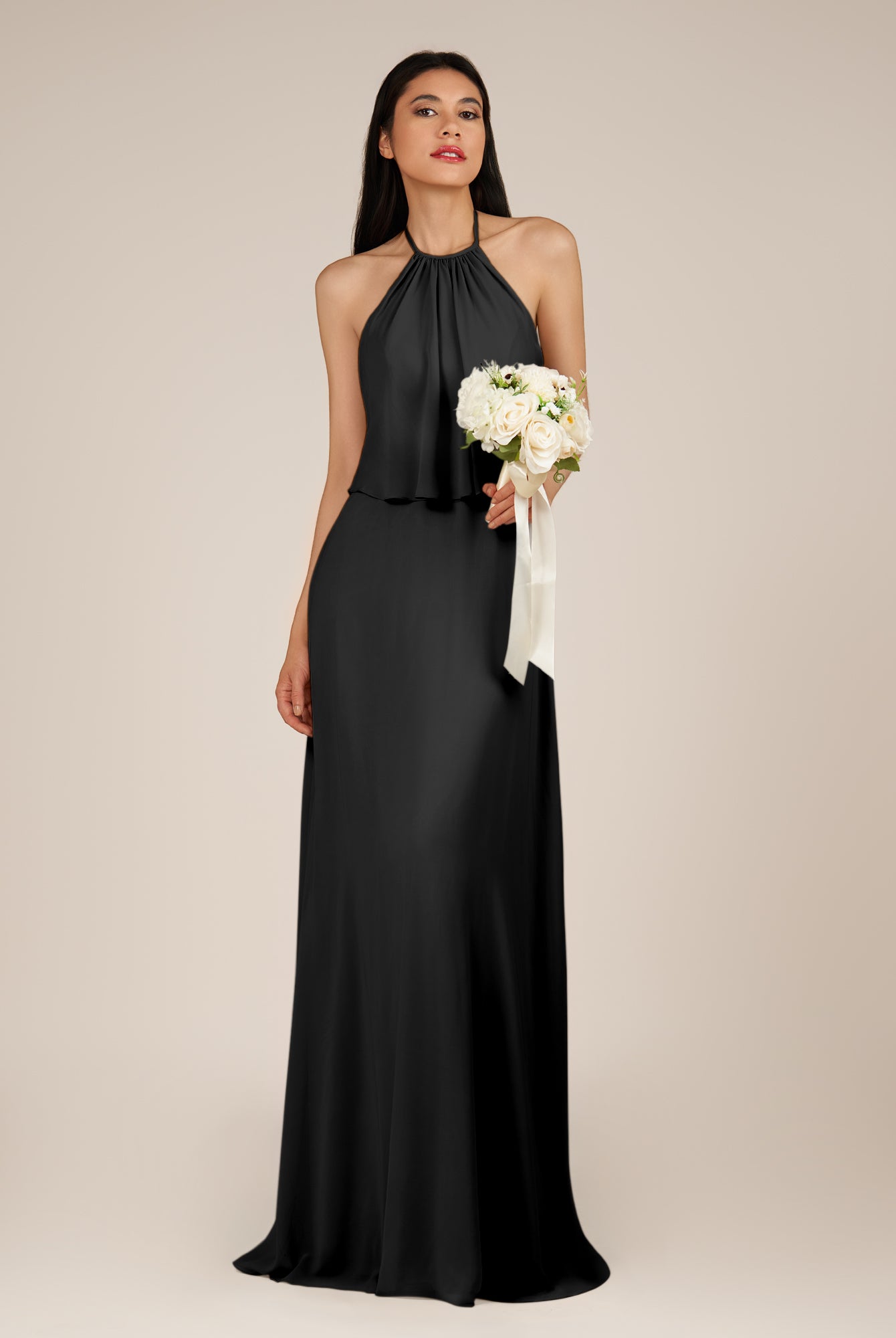 KissDress-Rhoswen Black Sheath Chiffon Halter Neck Long Bridesmaid Dress