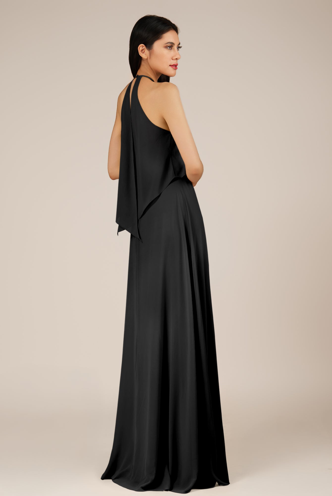 KissDress-Rhoswen Black Sheath Chiffon Halter Neck Long Bridesmaid Dress