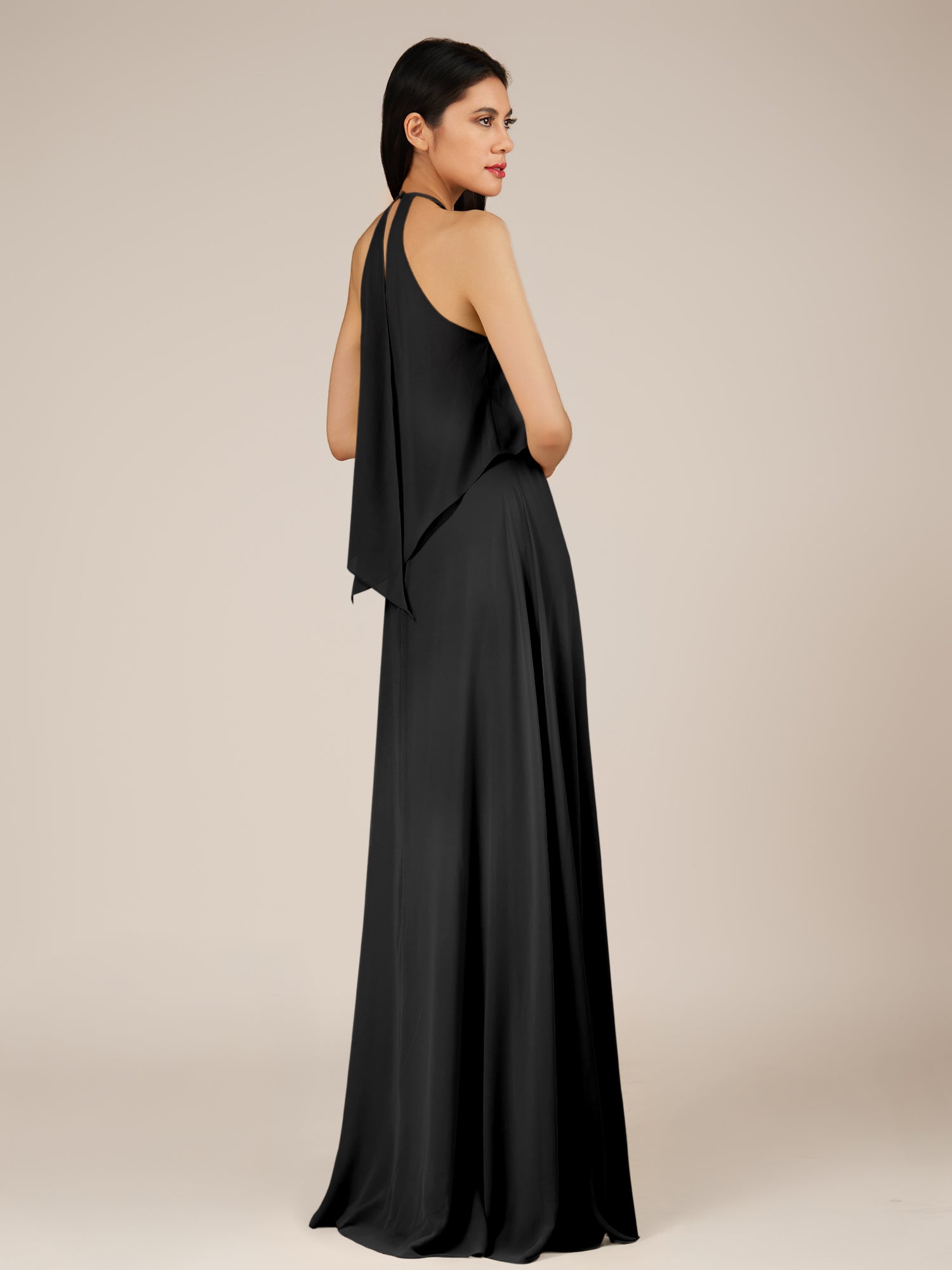 KissDress-Rhoswen Black Sheath Chiffon Halter Neck Long Bridesmaid Dress