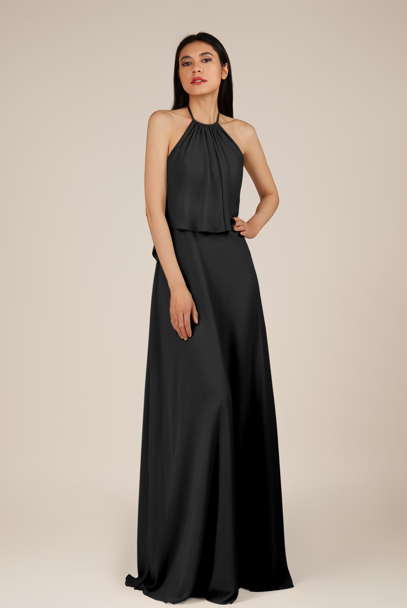 KissDress-Rhoswen Black Sheath Chiffon Halter Neck Long Bridesmaid Dress