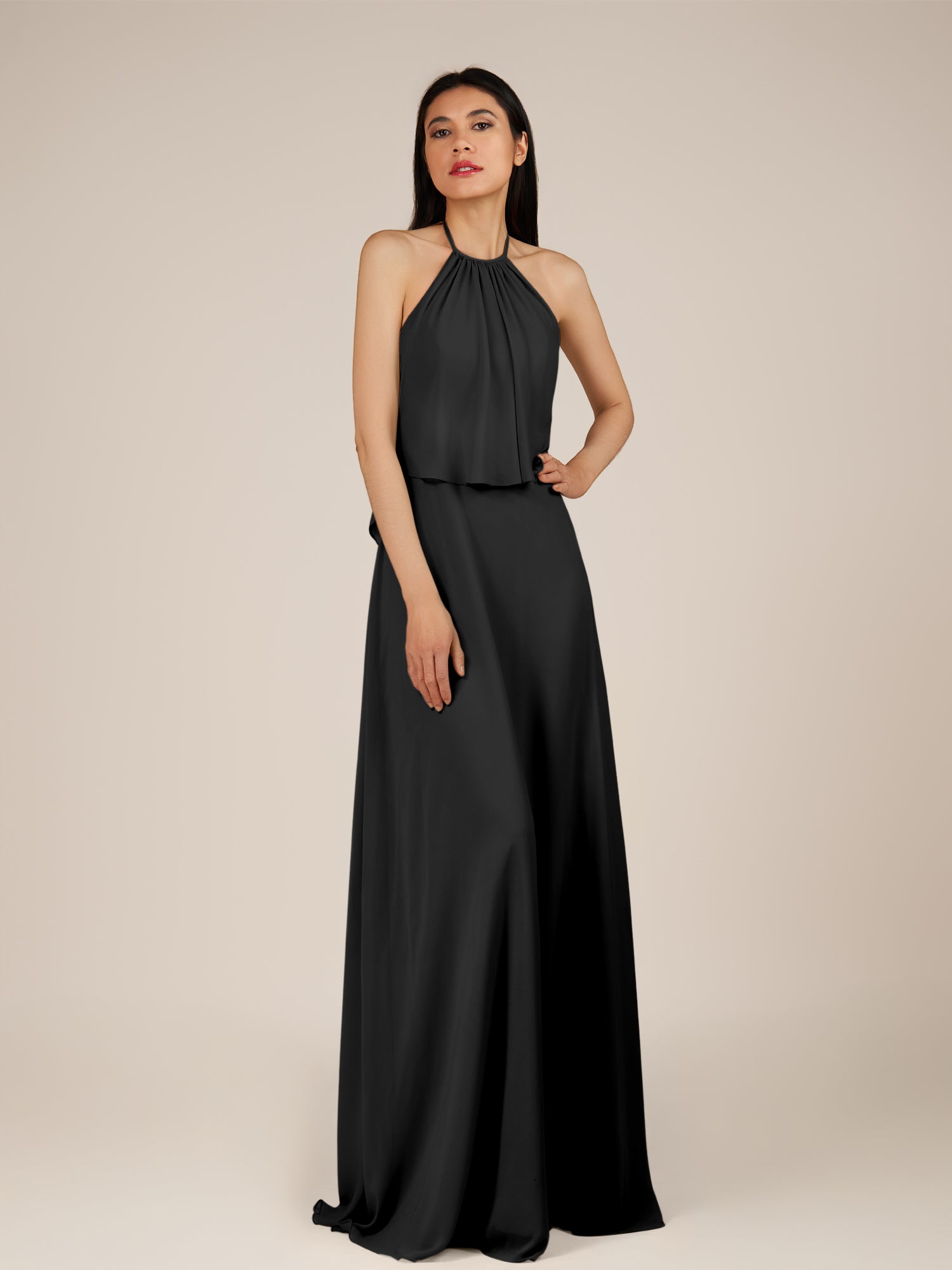 KissDress-Rhoswen Black Sheath Chiffon Halter Neck Long Bridesmaid Dress