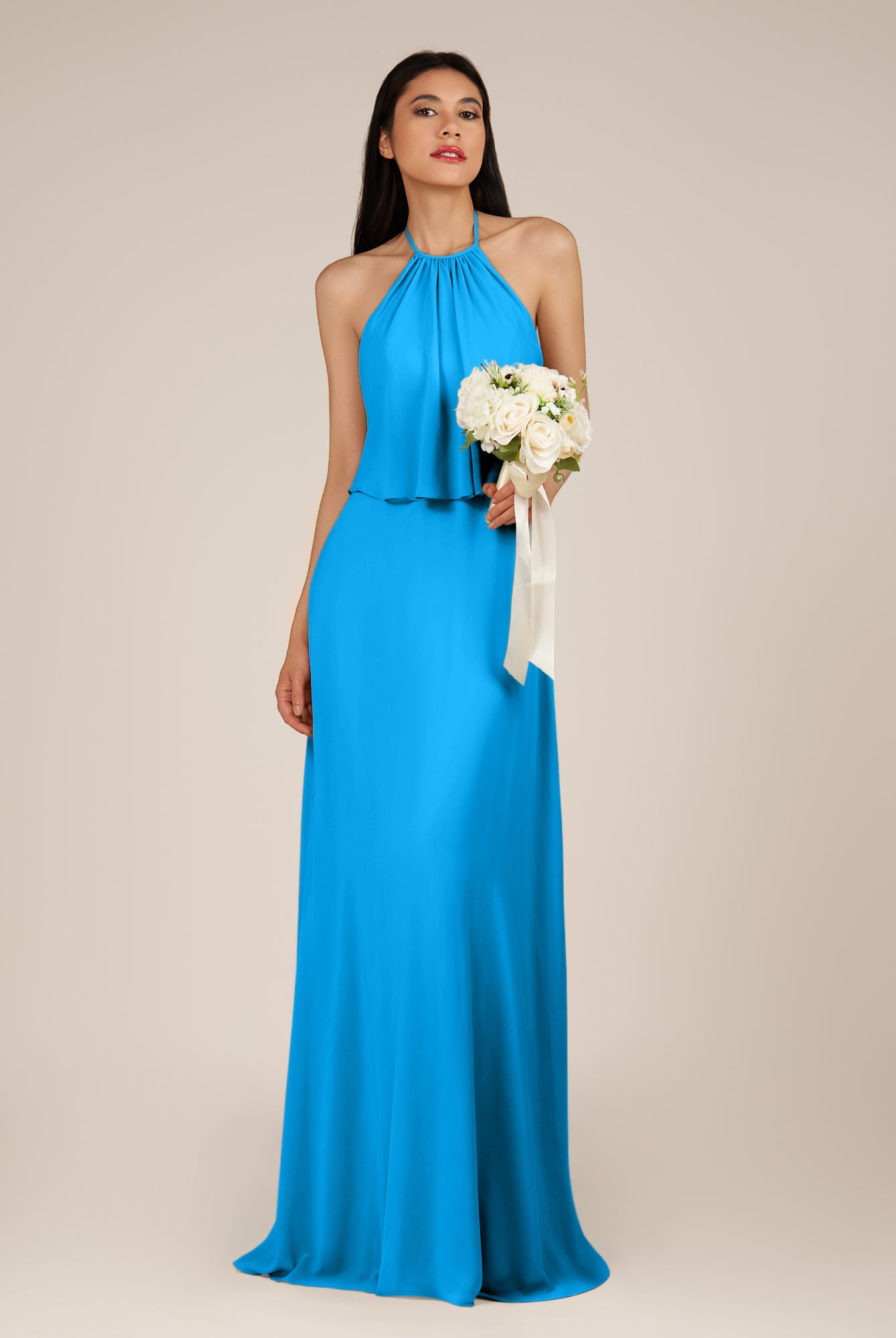 KissDress-Rhoswen Blue Jay Sheath Chiffon Halter Neck Long Bridesmaid Dress