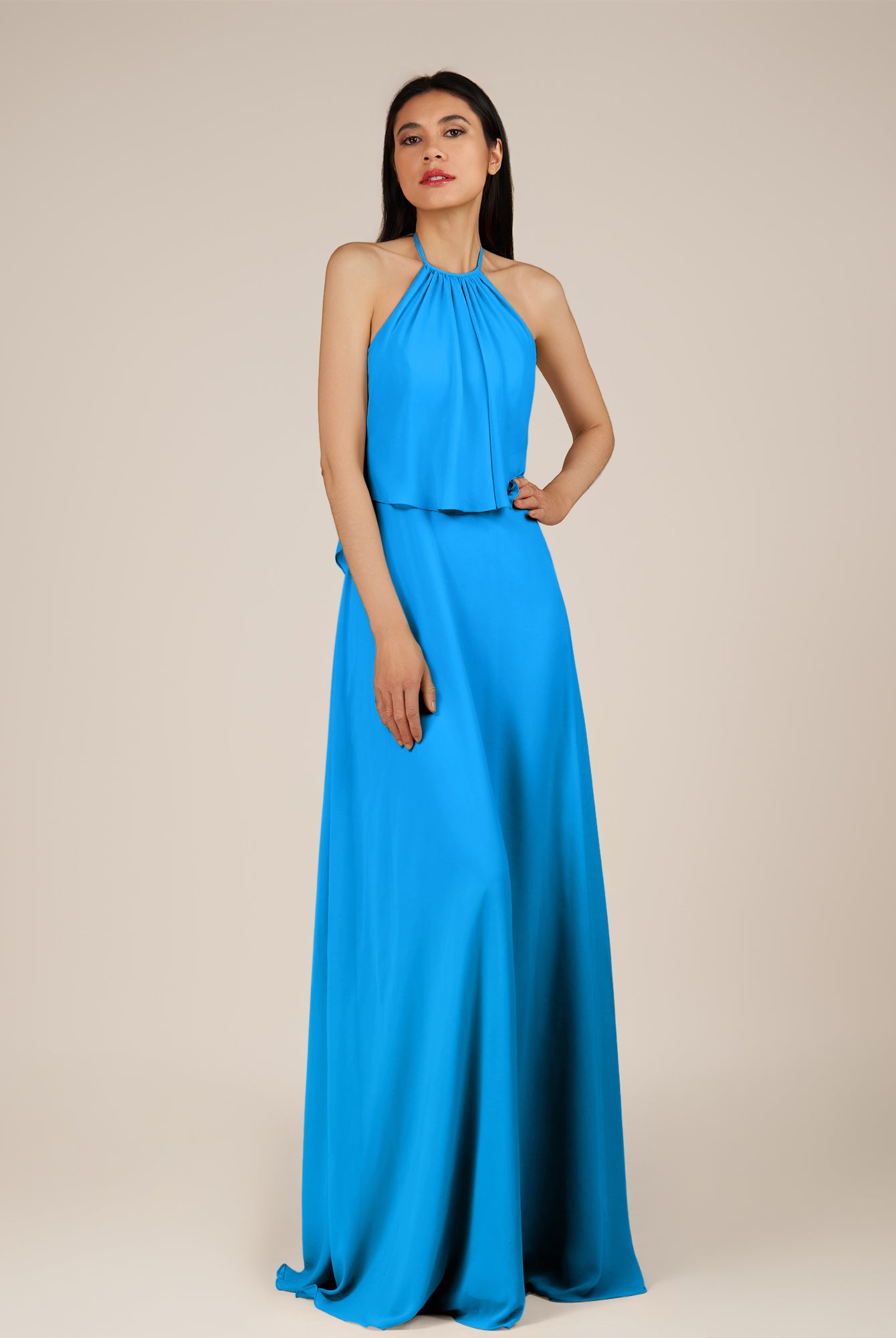 KissDress-Rhoswen Blue Jay Sheath Chiffon Halter Neck Long Bridesmaid Dress