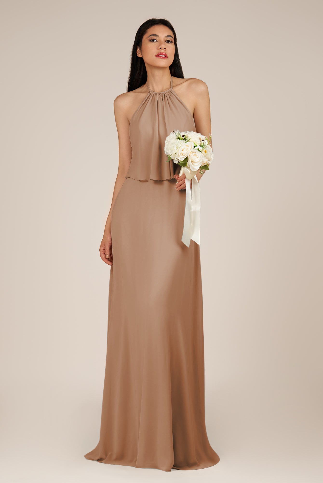 KissDress-Rhoswen Bronzer Sheath Chiffon Halter Neck Long Bridesmaid Dress