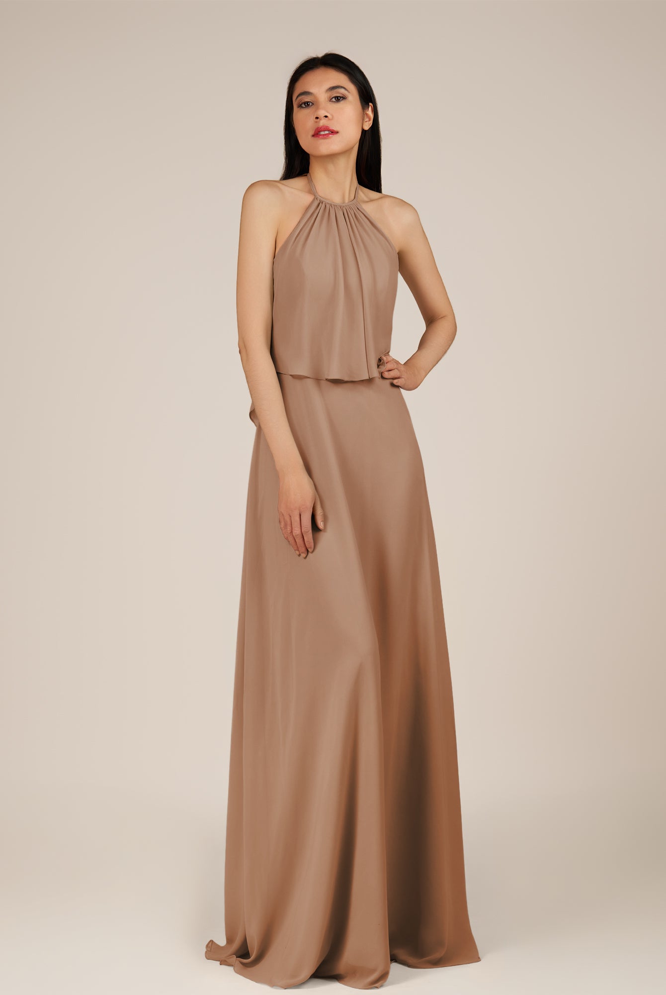 KissDress-Rhoswen Bronzer Sheath Chiffon Halter Neck Long Bridesmaid Dress