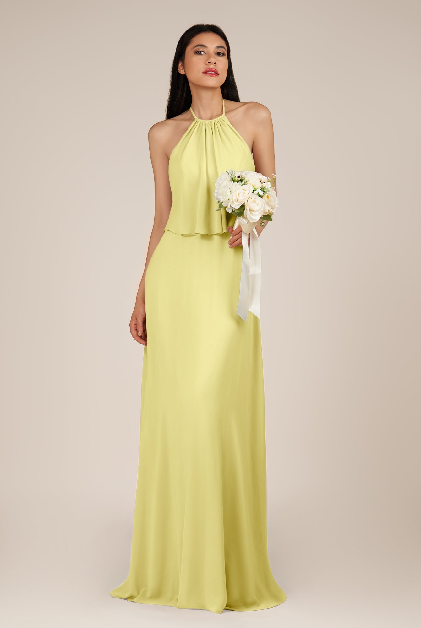 KissDress-Rhoswen Buttercup Sheath Chiffon Halter Neck Long Bridesmaid Dress