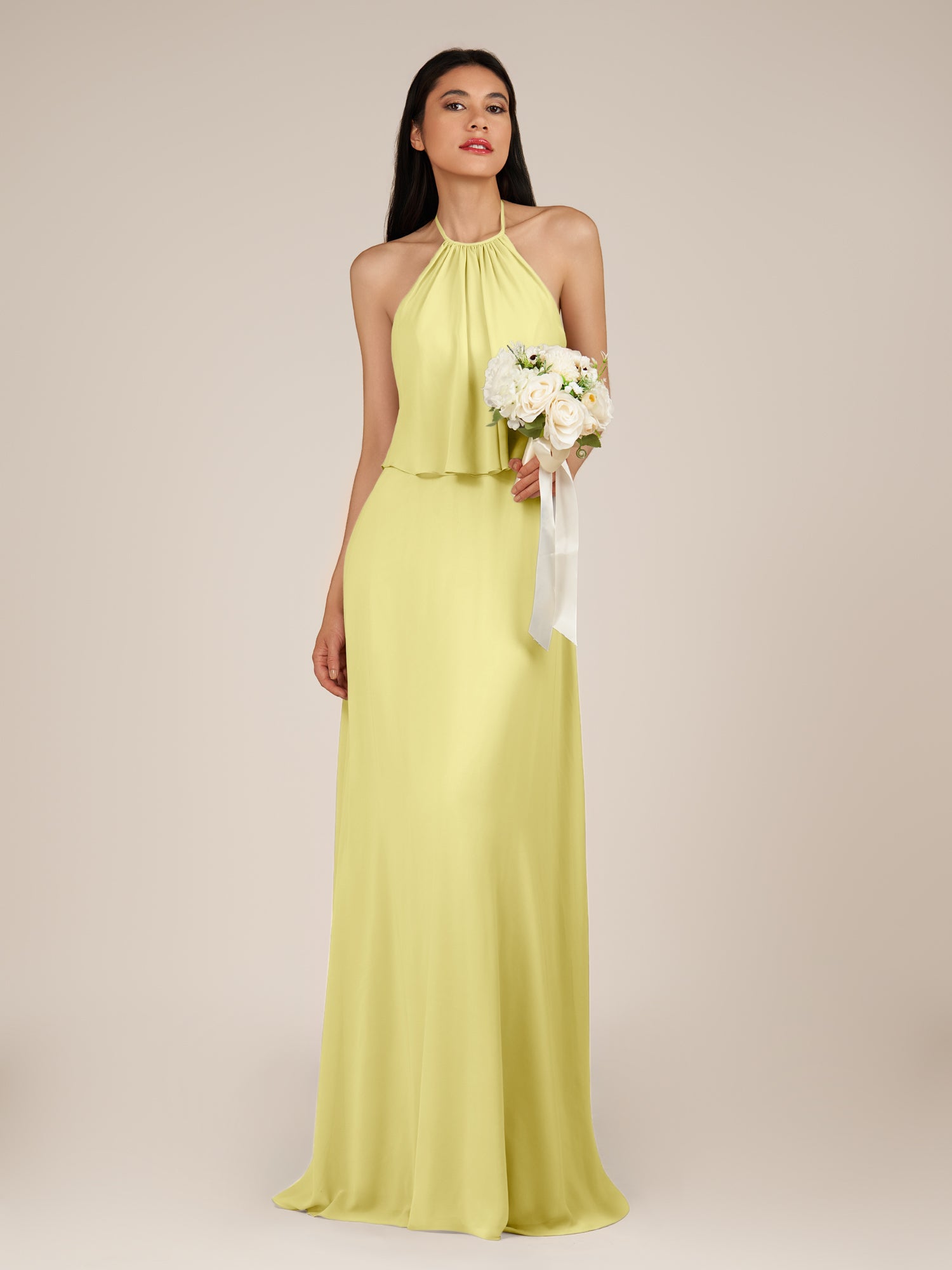 KissDress-Rhoswen Buttercup Sheath Chiffon Halter Neck Long Bridesmaid Dress