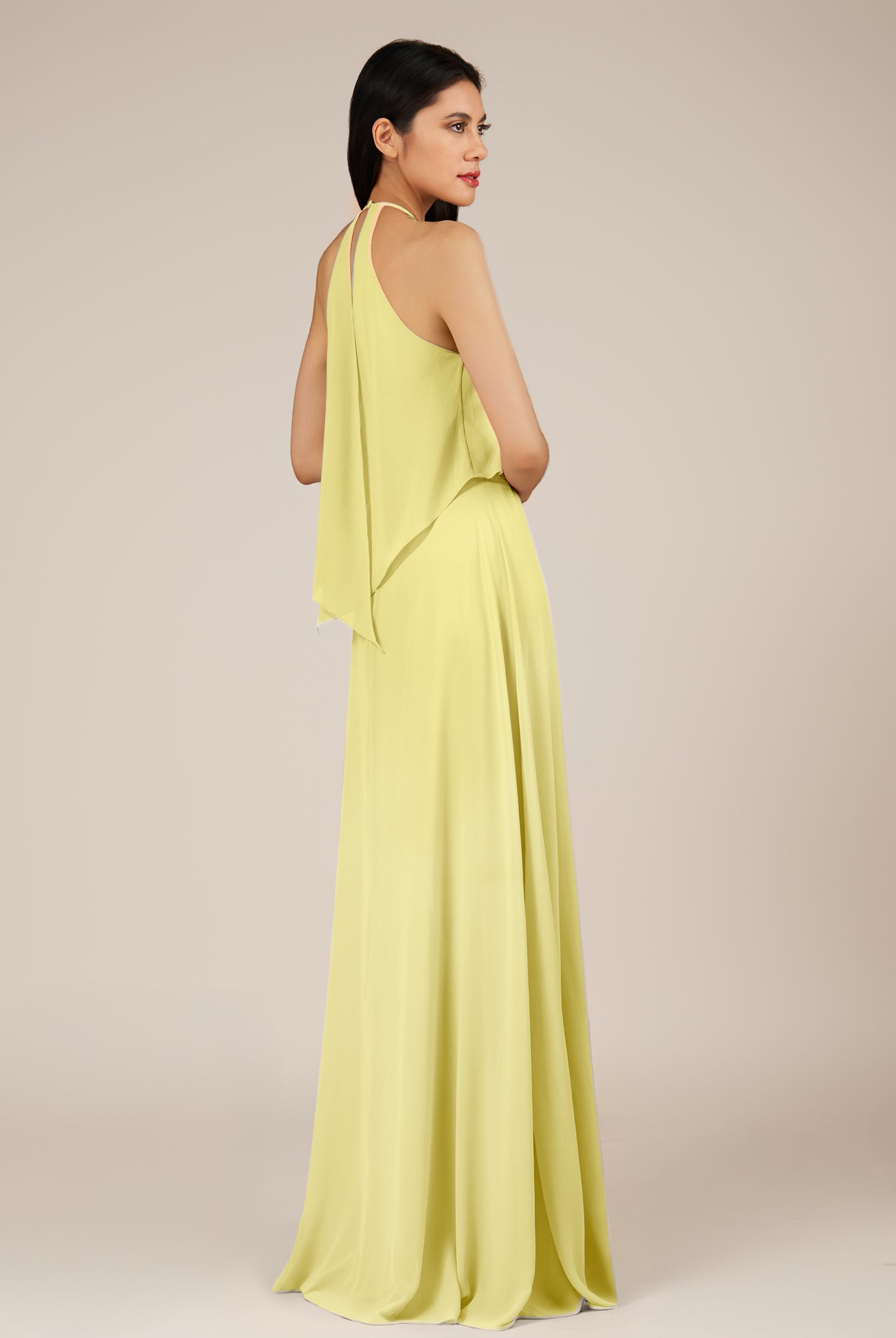 KissDress-Rhoswen Buttercup Sheath Chiffon Halter Neck Long Bridesmaid Dress