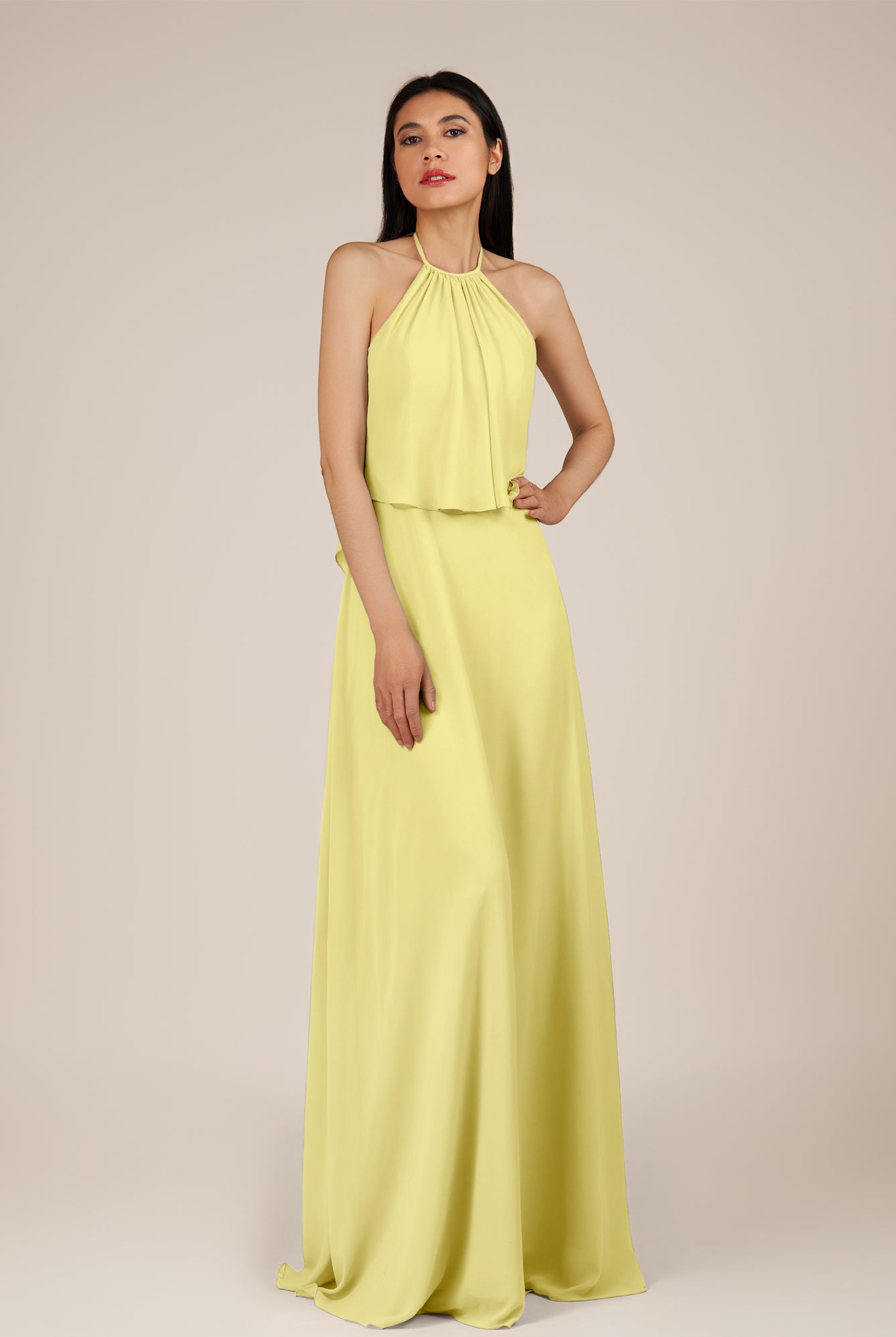 KissDress-Rhoswen Buttercup Sheath Chiffon Halter Neck Long Bridesmaid Dress