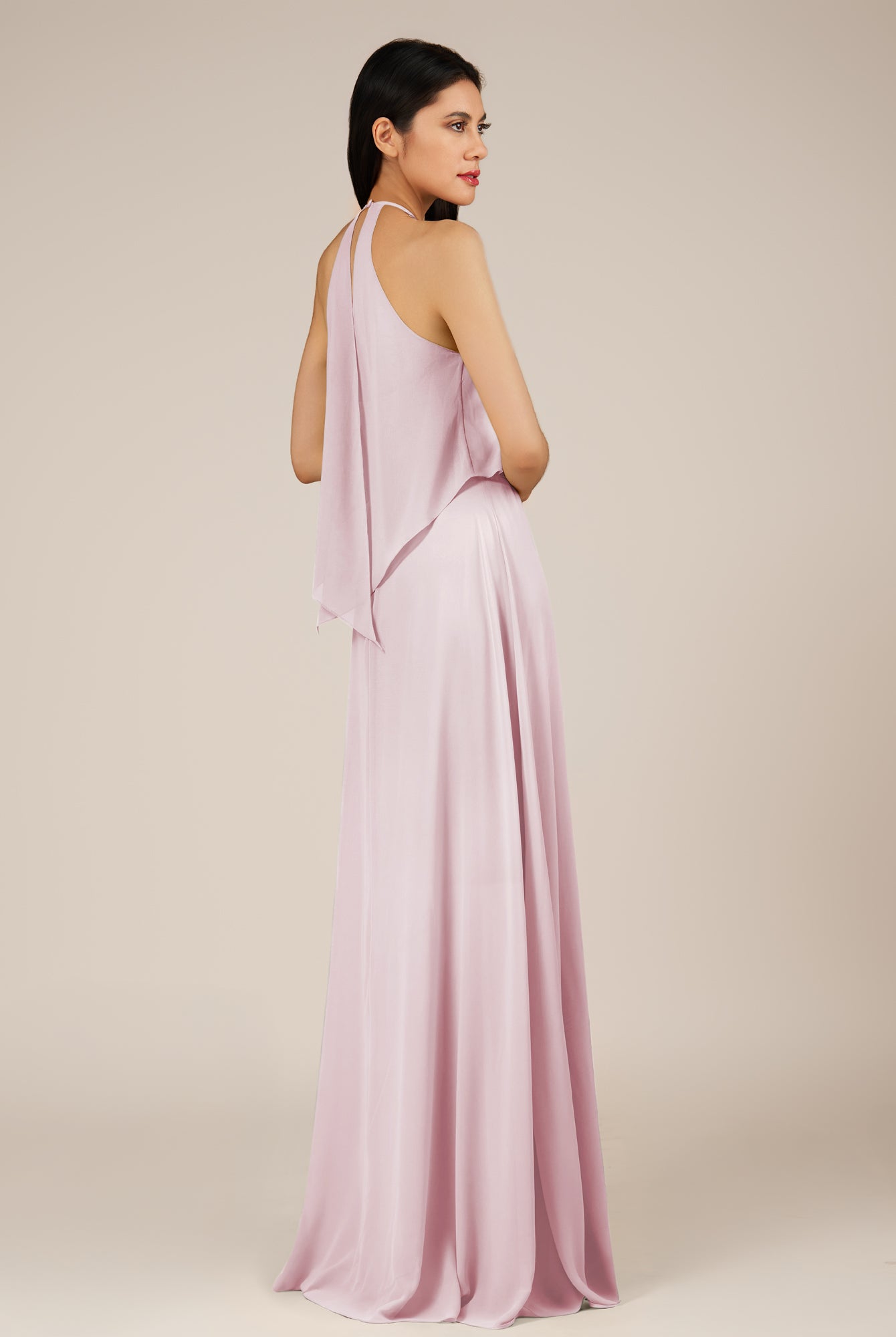 KissDress-Rhoswen Candy Pink Sheath Chiffon Halter Neck Long Bridesmaid Dress