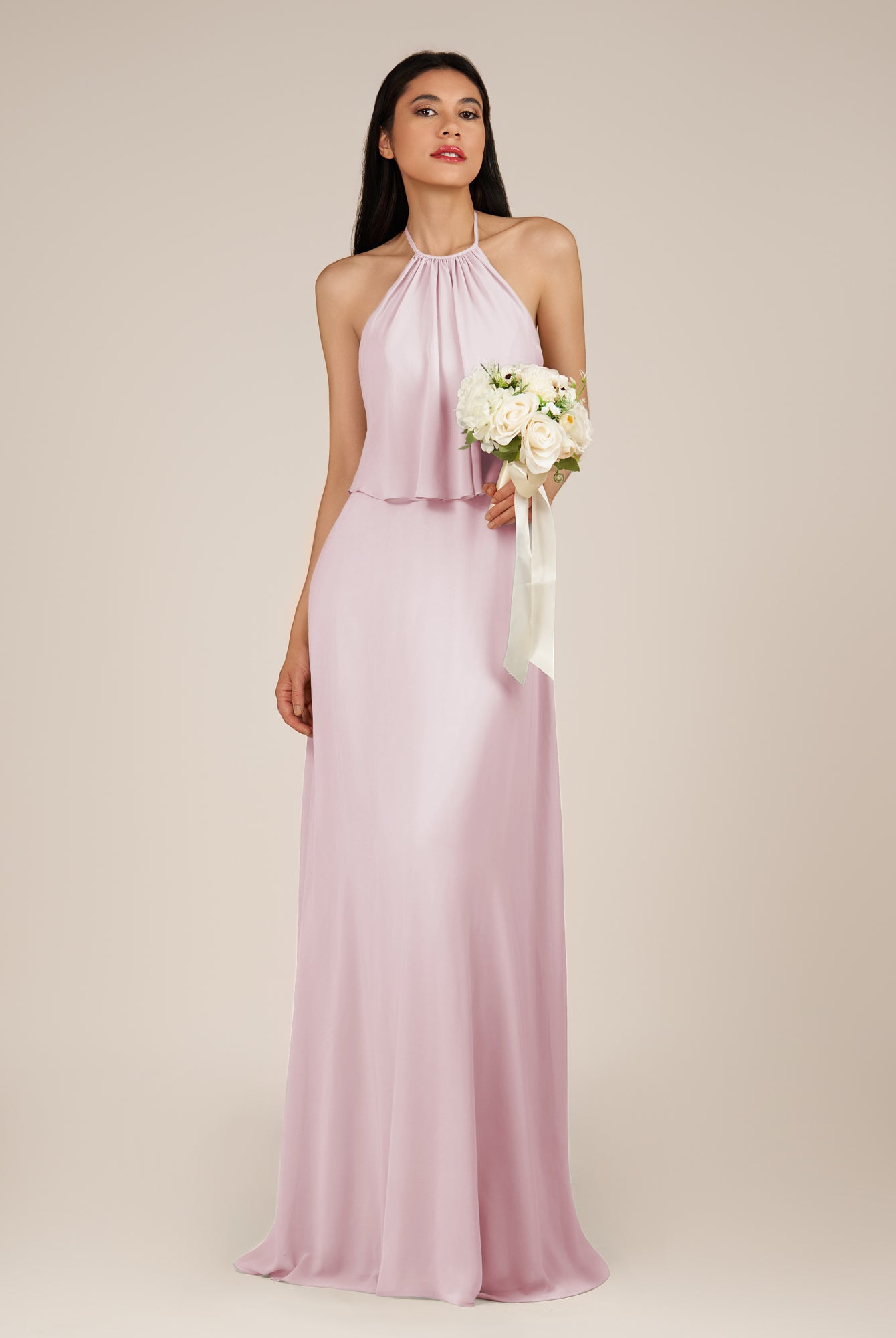 KissDress-Rhoswen Candy Pink Sheath Chiffon Halter Neck Long Bridesmaid Dress