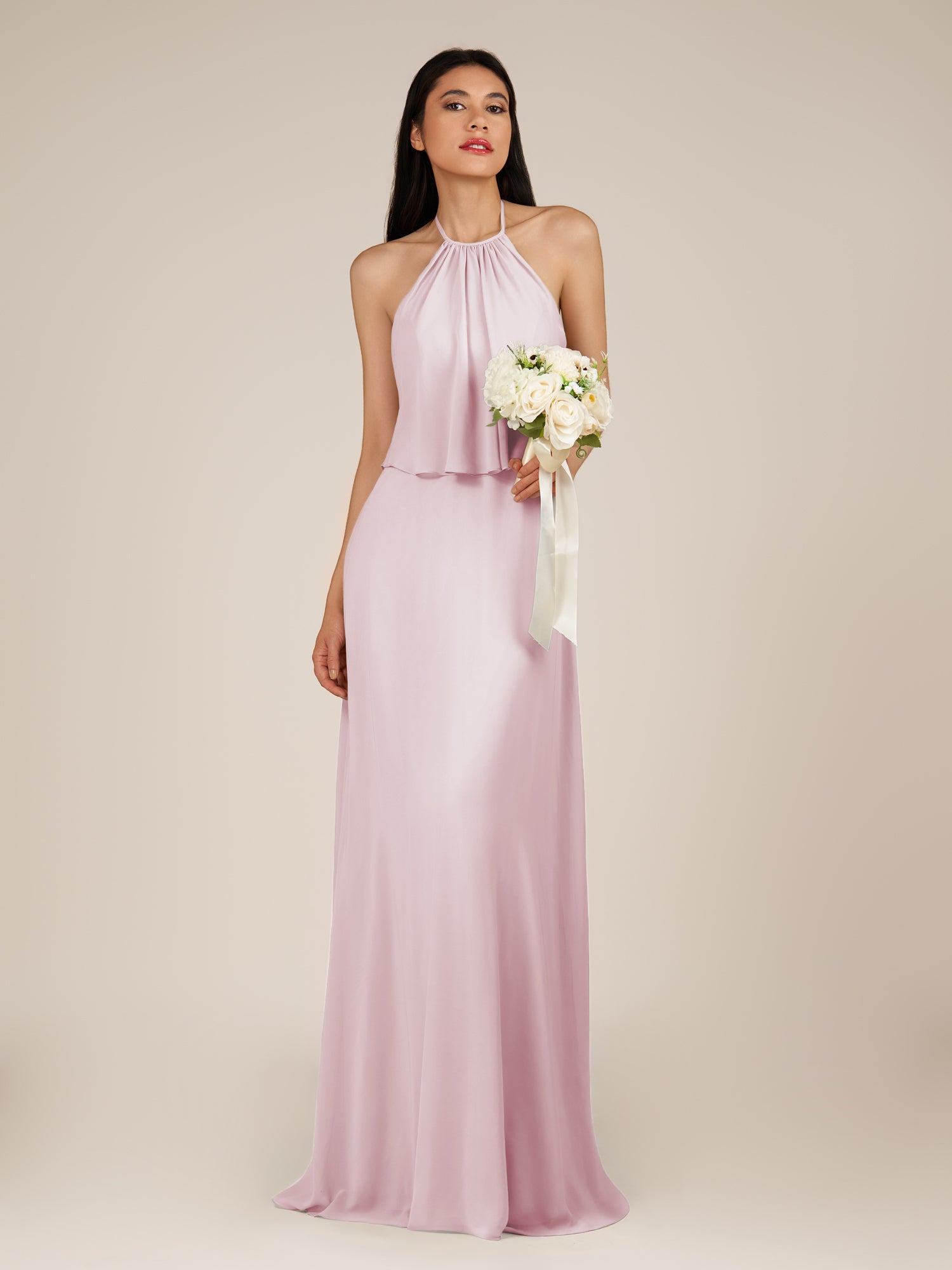 KissDress-Rhoswen Candy Pink Sheath Chiffon Halter Neck Long Bridesmaid Dress